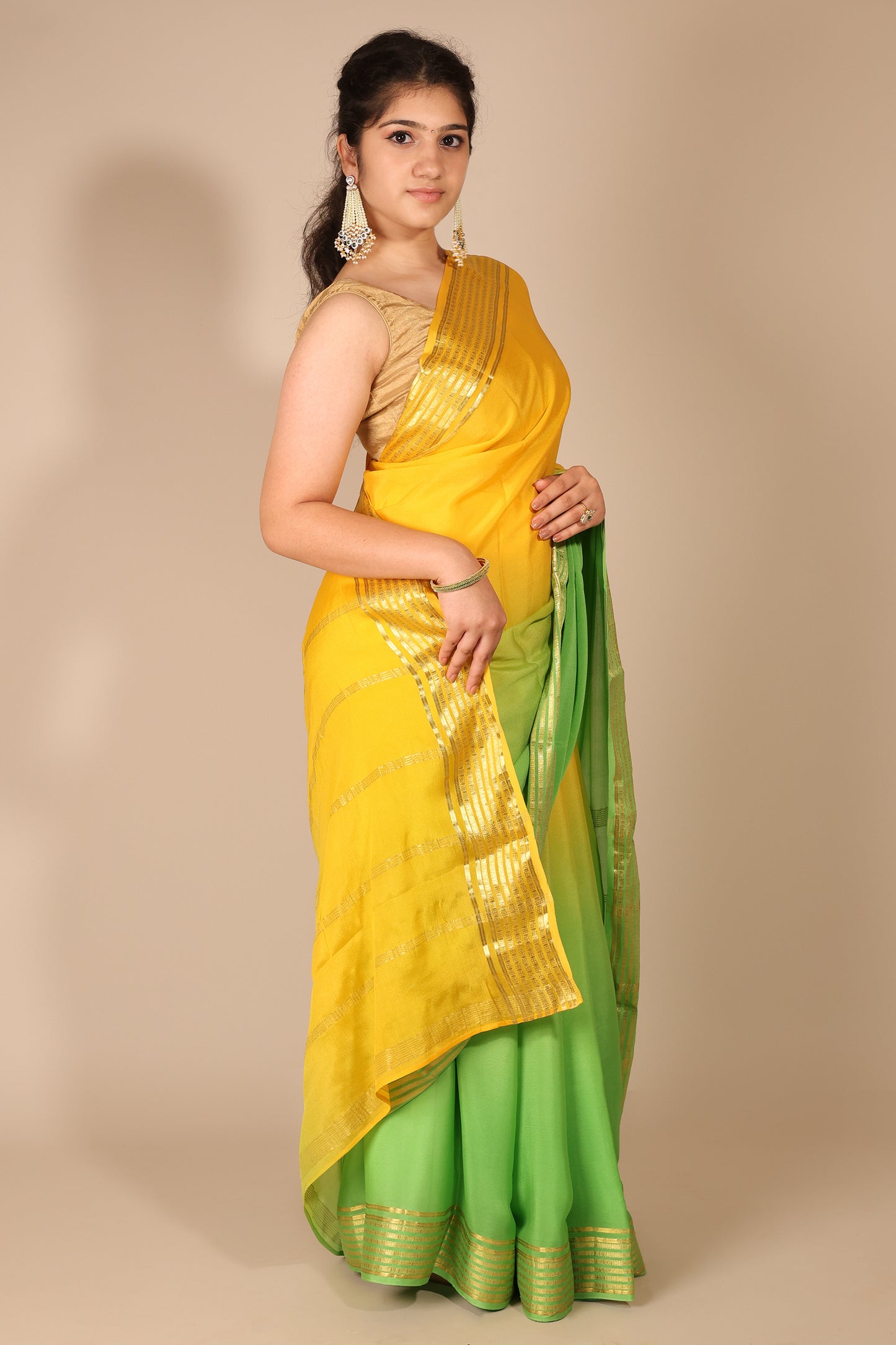 Ombre Yellow and Green Mysore Silk Saree with Gold Border