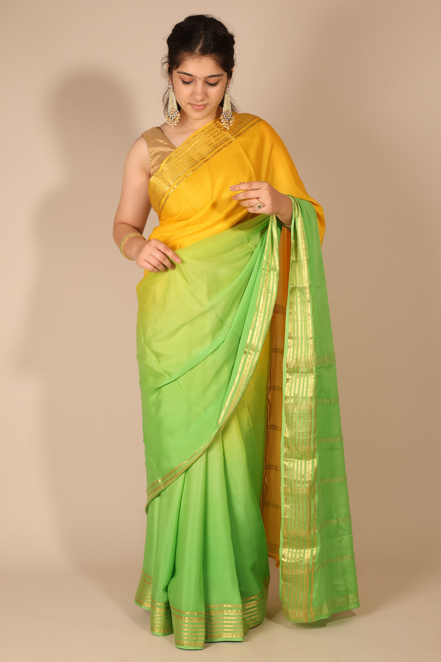 Ombre Yellow and Green Mysore Silk Saree with Gold Border