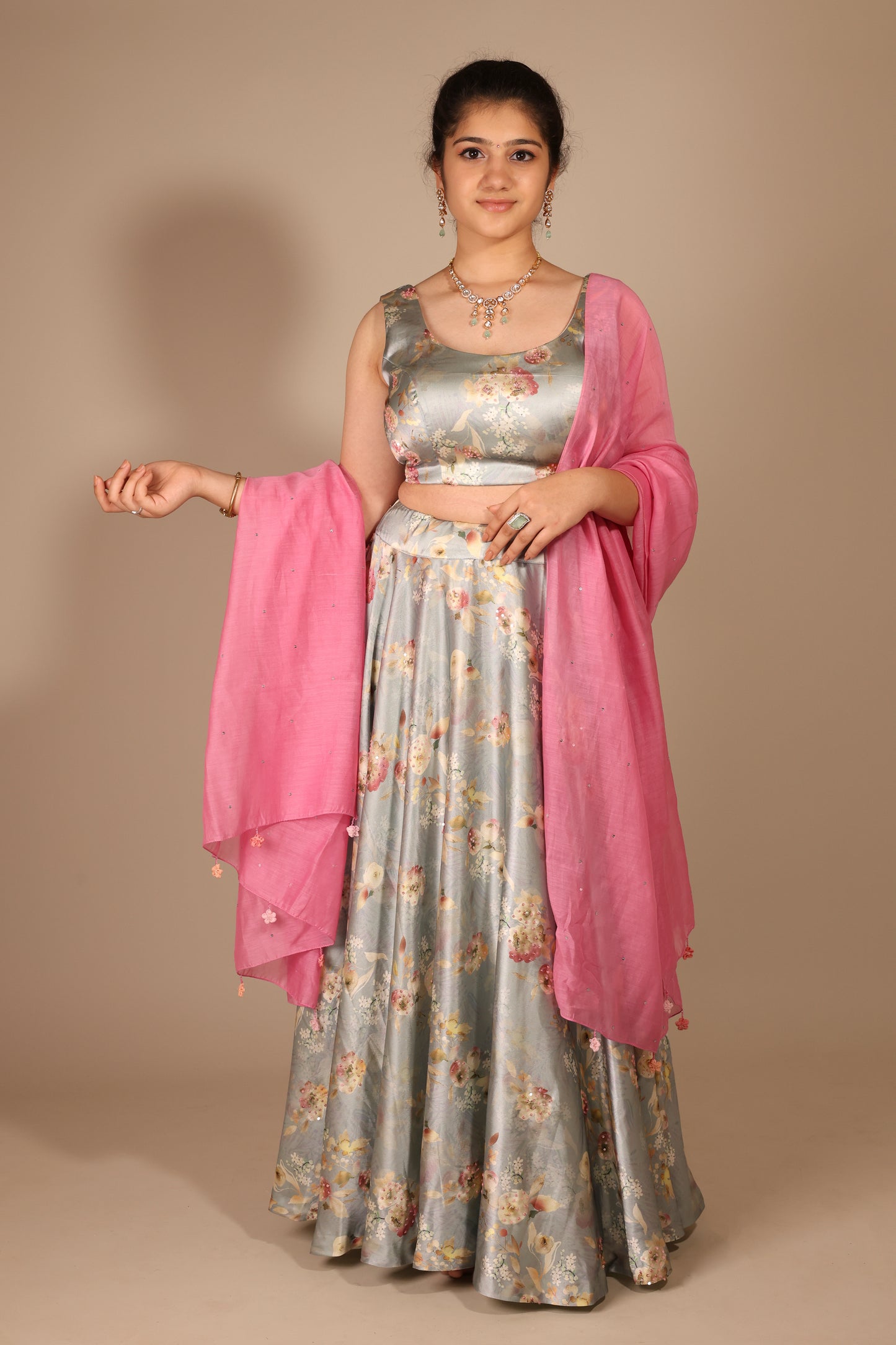 Grey Floral Modal Satin Skirt with Sequins Handwork and Chanderi Dupatta