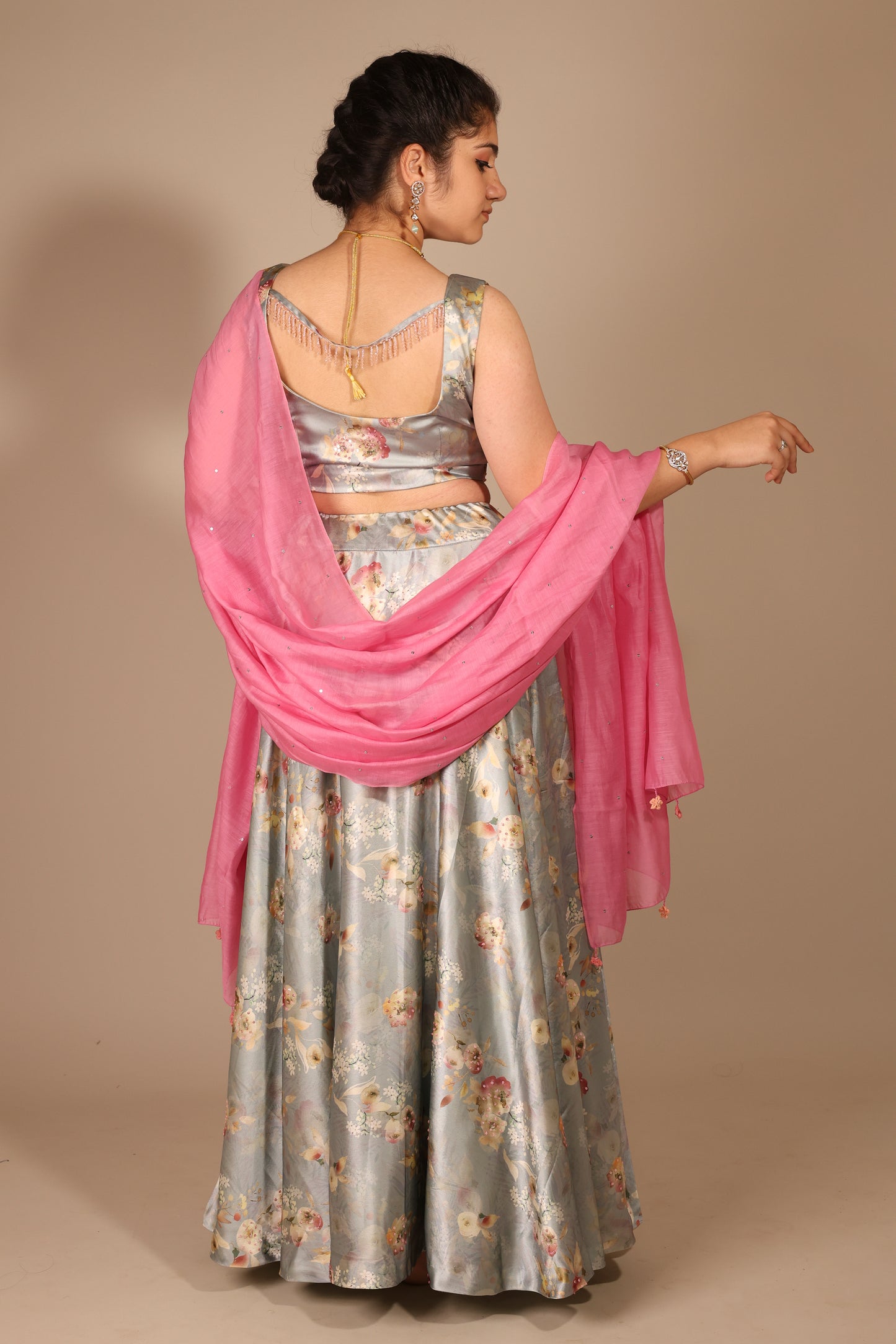 Grey Floral Modal Satin Skirt with Sequins Handwork and Chanderi Dupatta