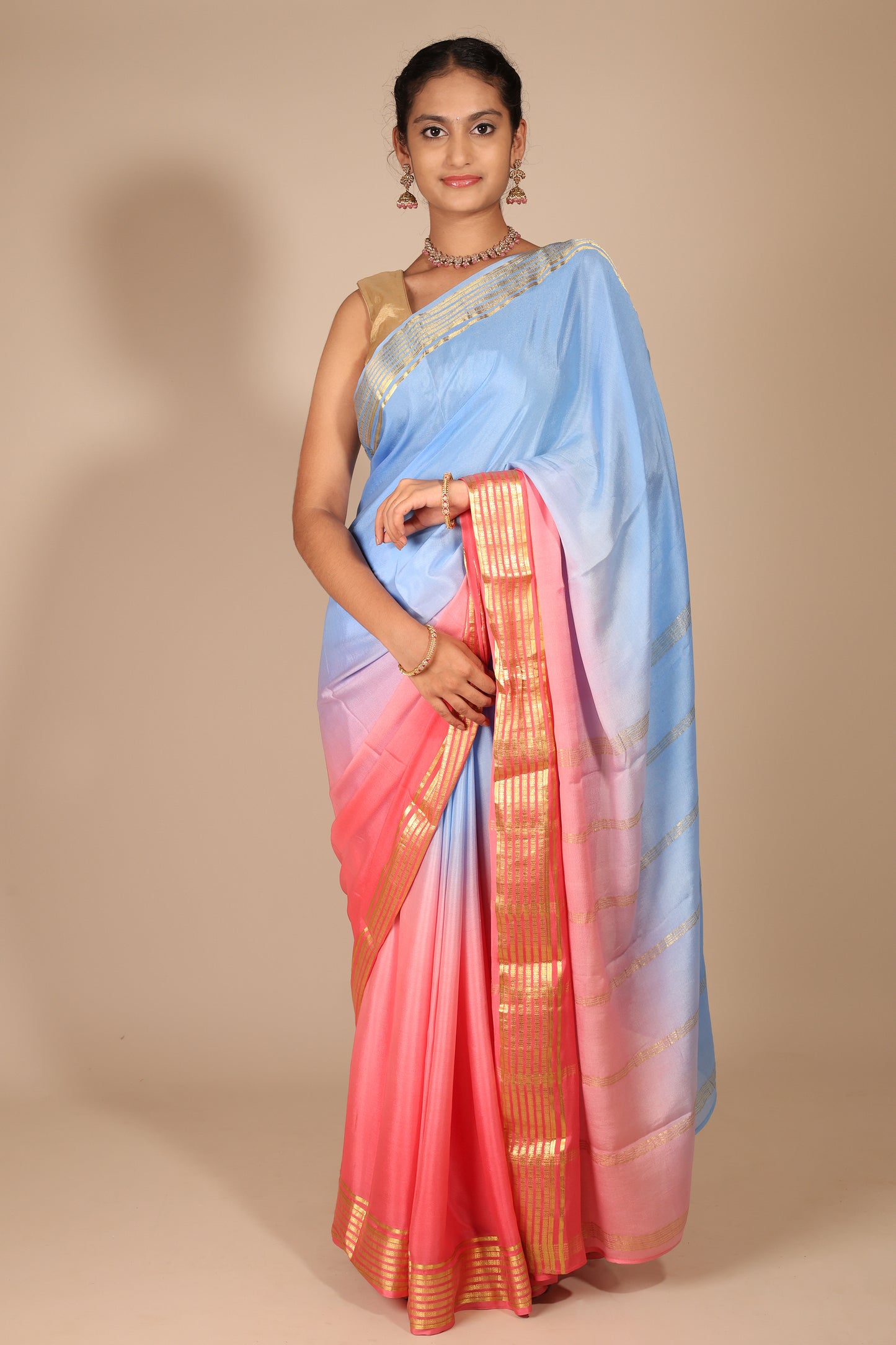 Ombre Pink and Blue Mysore Silk Saree with Gold Border