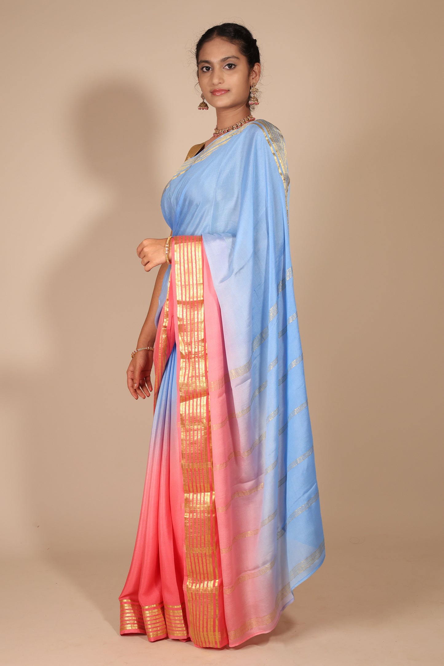 Ombre Pink and Blue Mysore Silk Saree with Gold Border