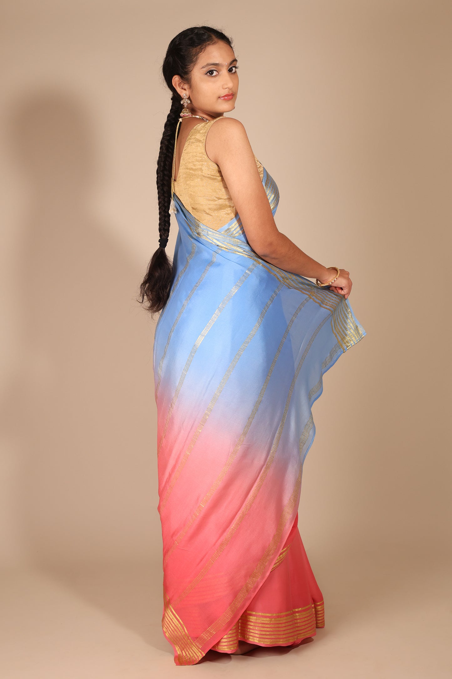 Ombre Pink and Blue Mysore Silk Saree with Gold Border