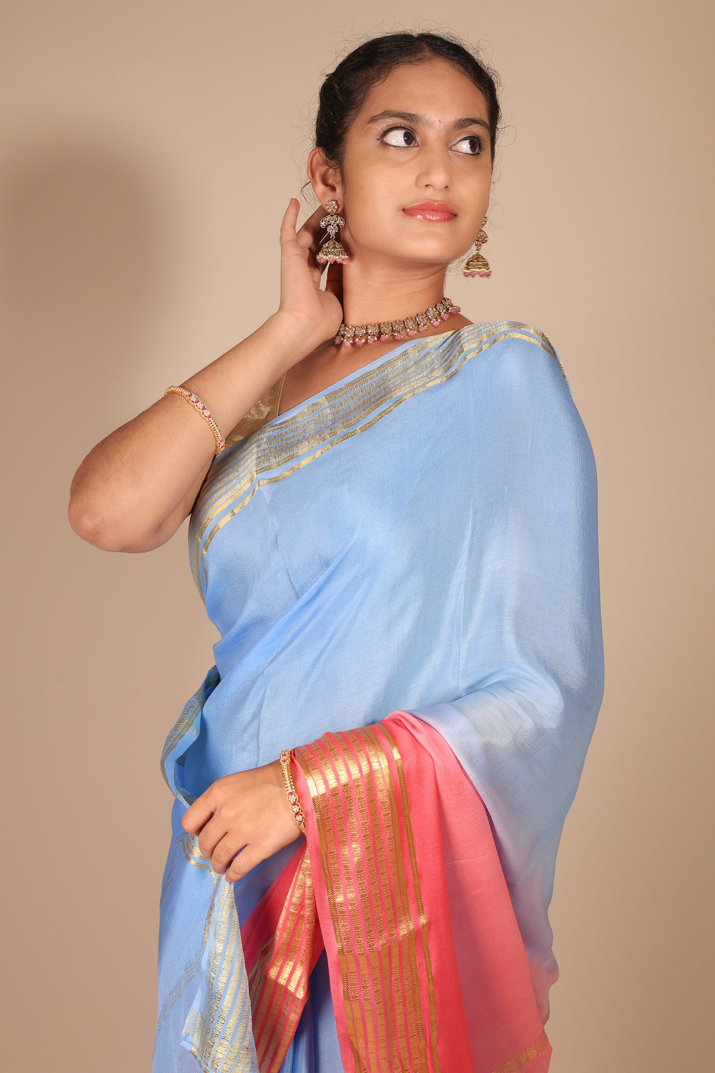 Ombre Pink and Blue Mysore Silk Saree with Gold Border