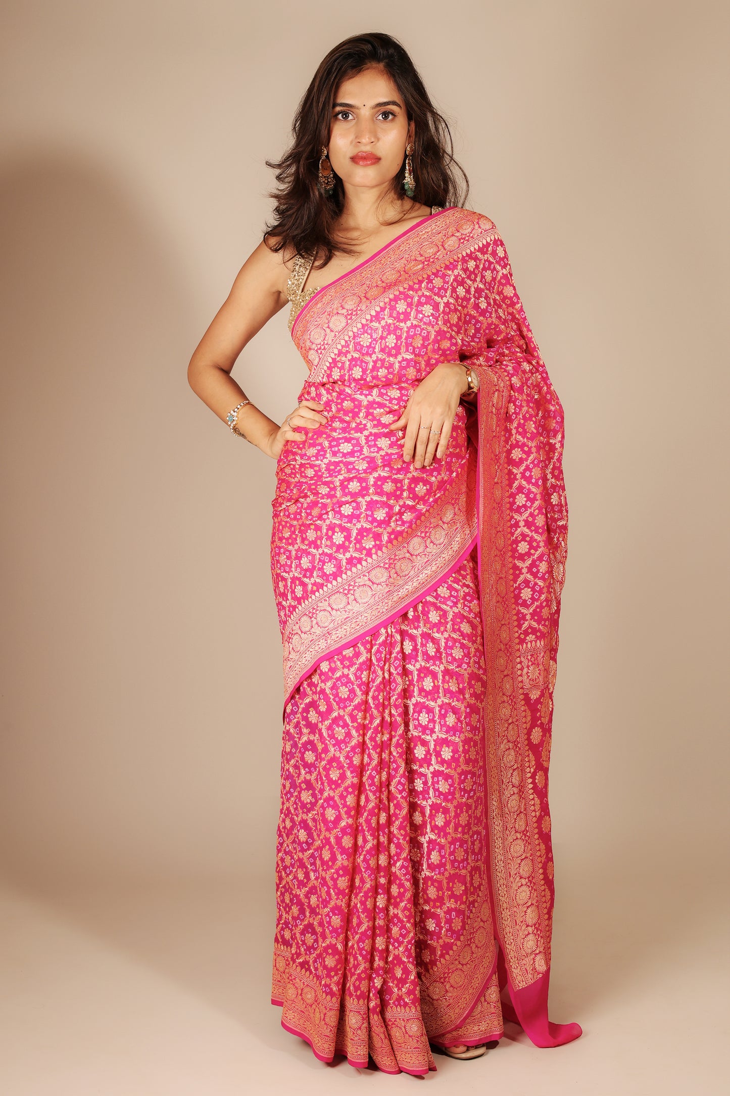 Rani Pink Pure Khaddi Georgette Banarasi Saree with Bandhani Print