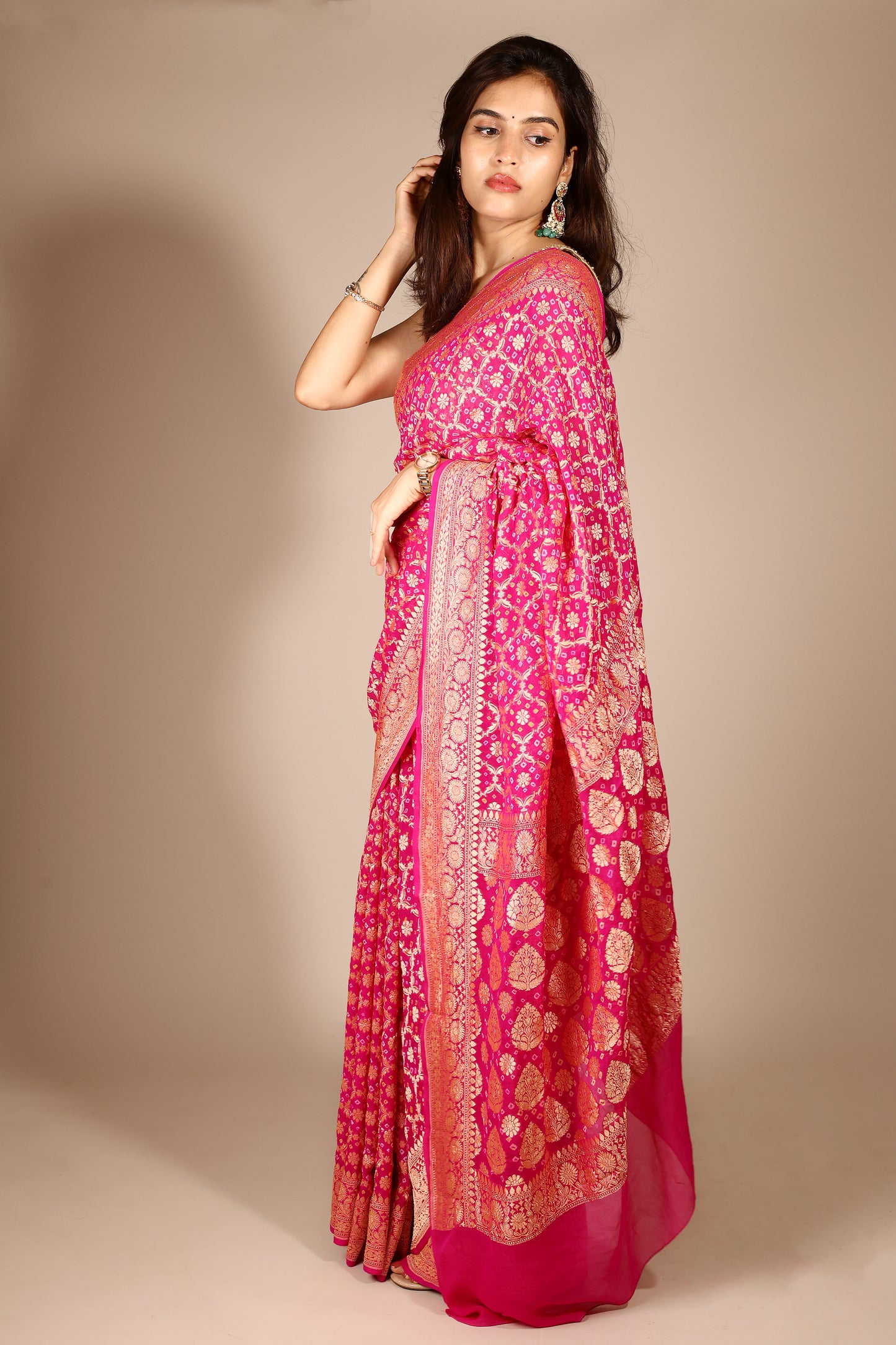 Rani Pink Pure Khaddi Georgette Banarasi Saree with Bandhani Print