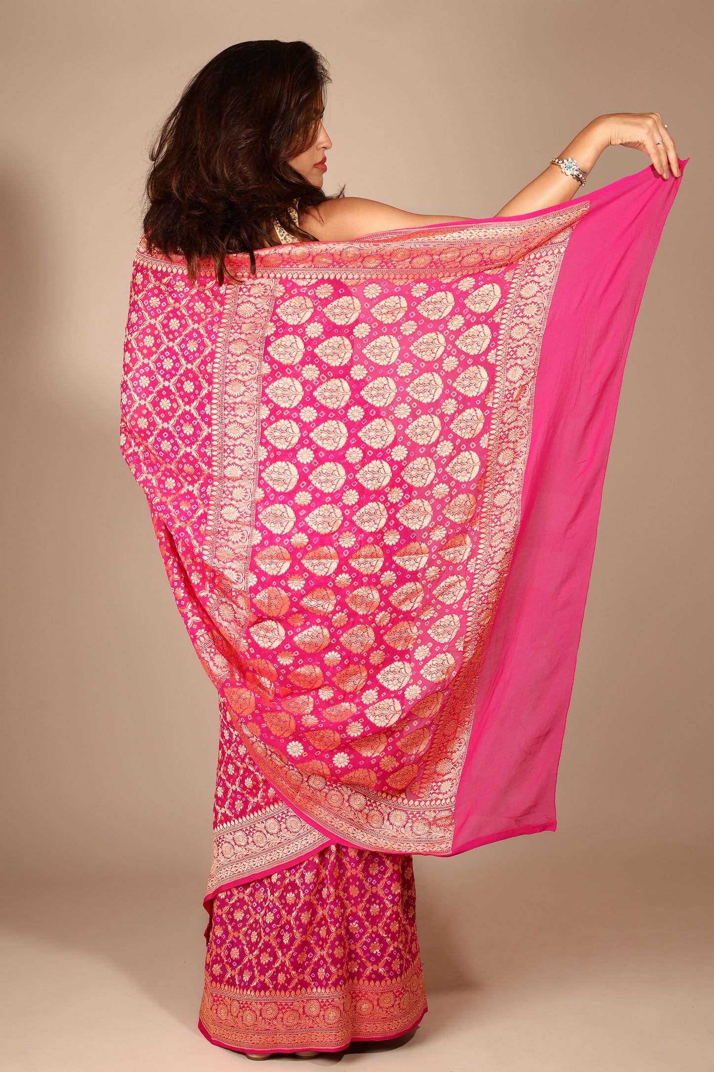 Rani Pink Pure Khaddi Georgette Banarasi Saree with Bandhani Print