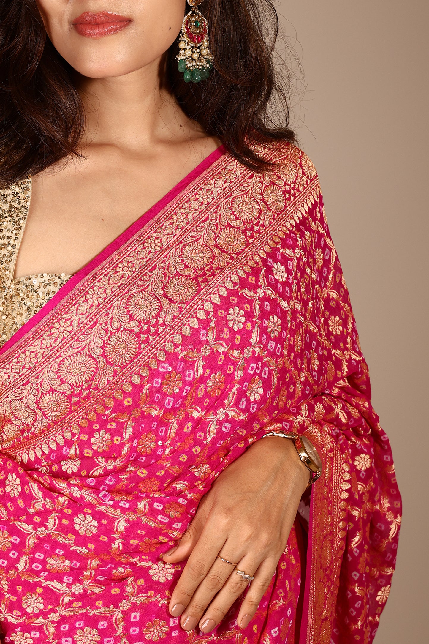 Rani Pink Pure Khaddi Georgette Banarasi Saree with Bandhani Print