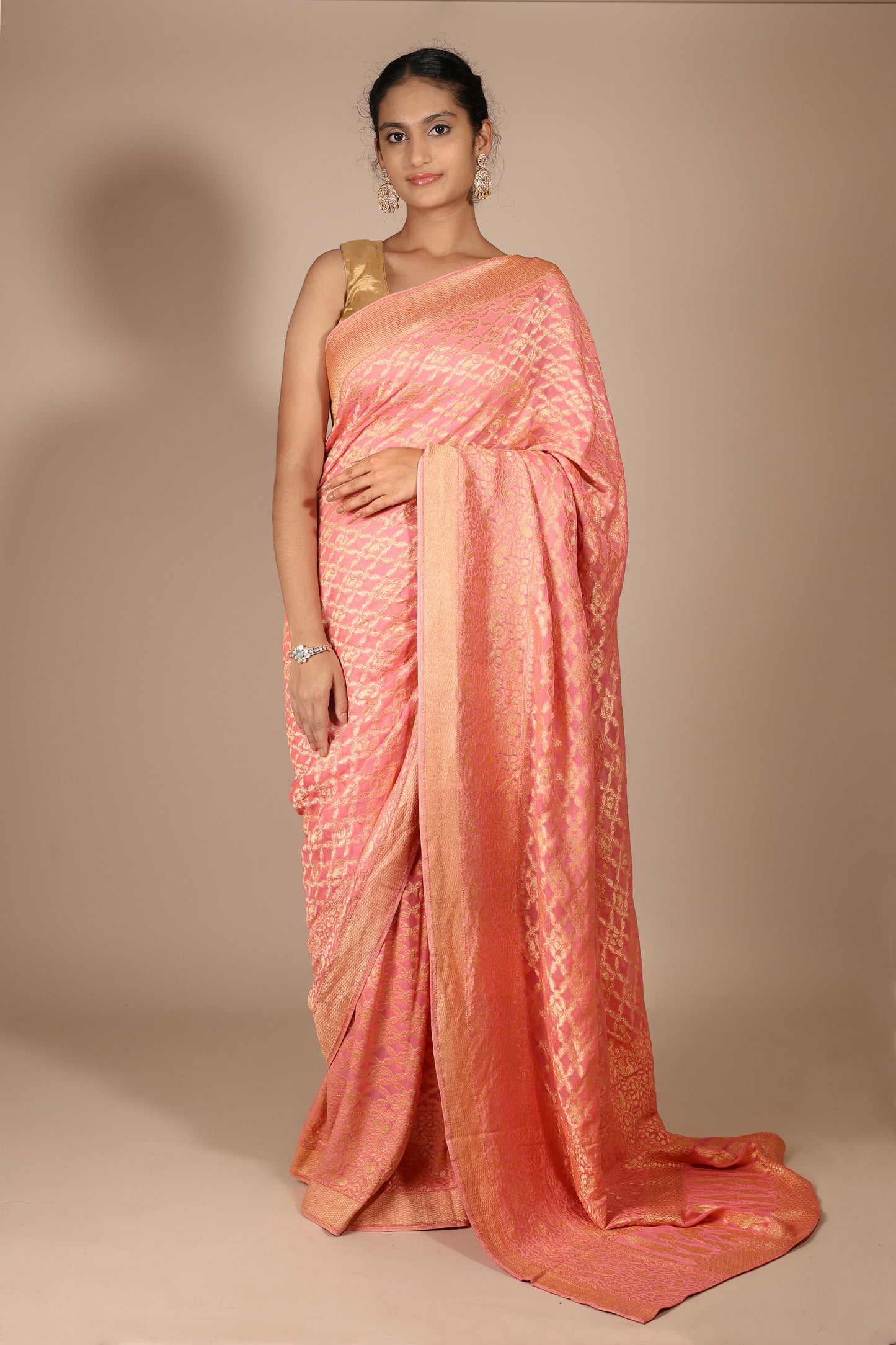 Peach-Pink Pure Georgette Banarasi Saree with Woven Zaal