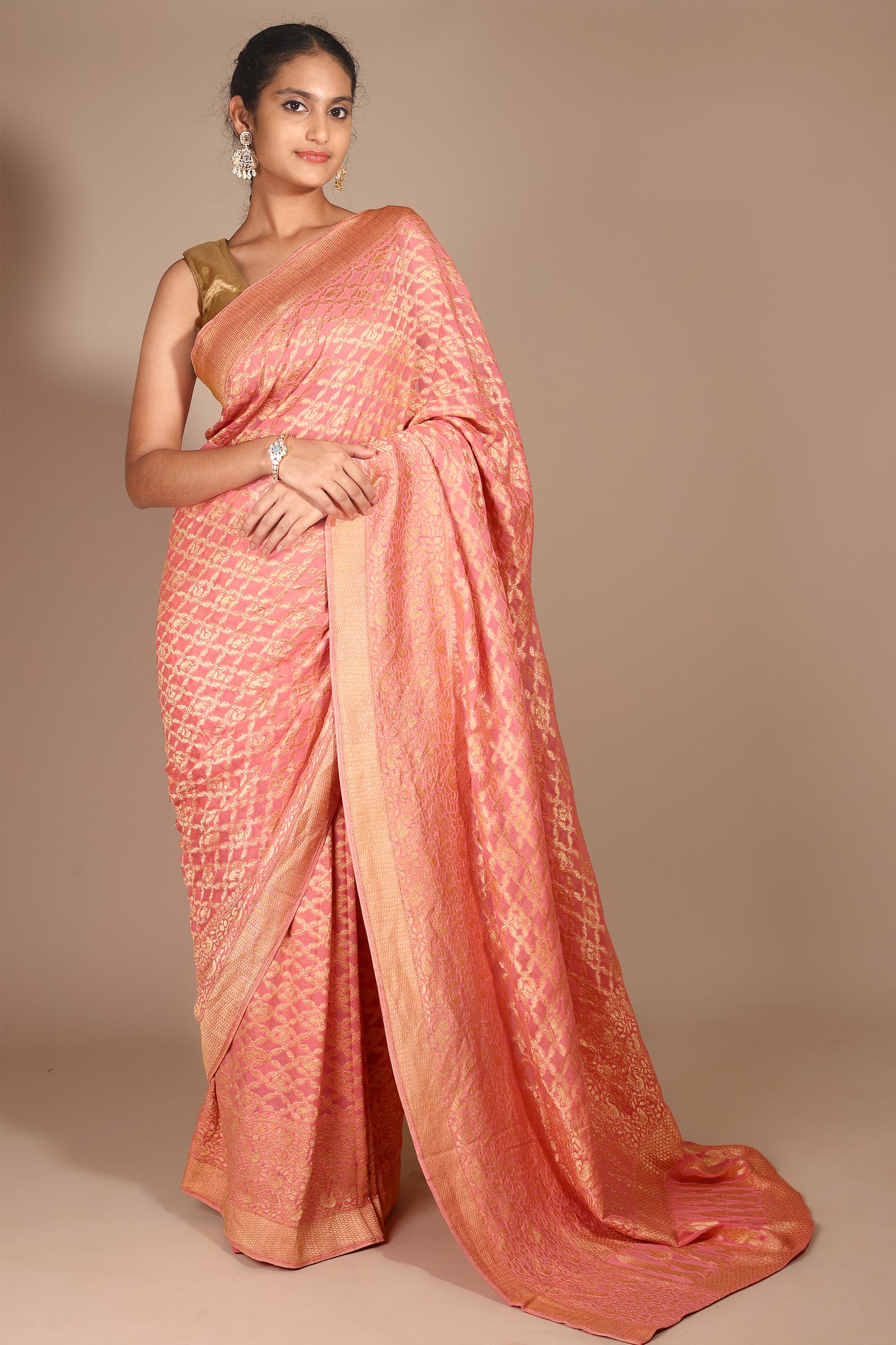 Peach-Pink Pure Georgette Banarasi Saree with Woven Zaal