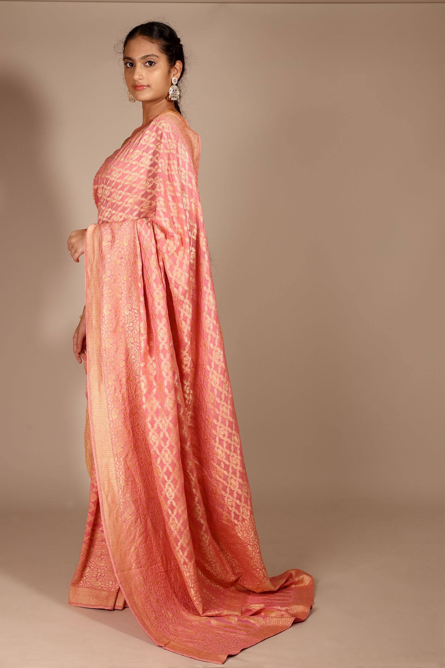 Peach-Pink Pure Georgette Banarasi Saree with Woven Zaal