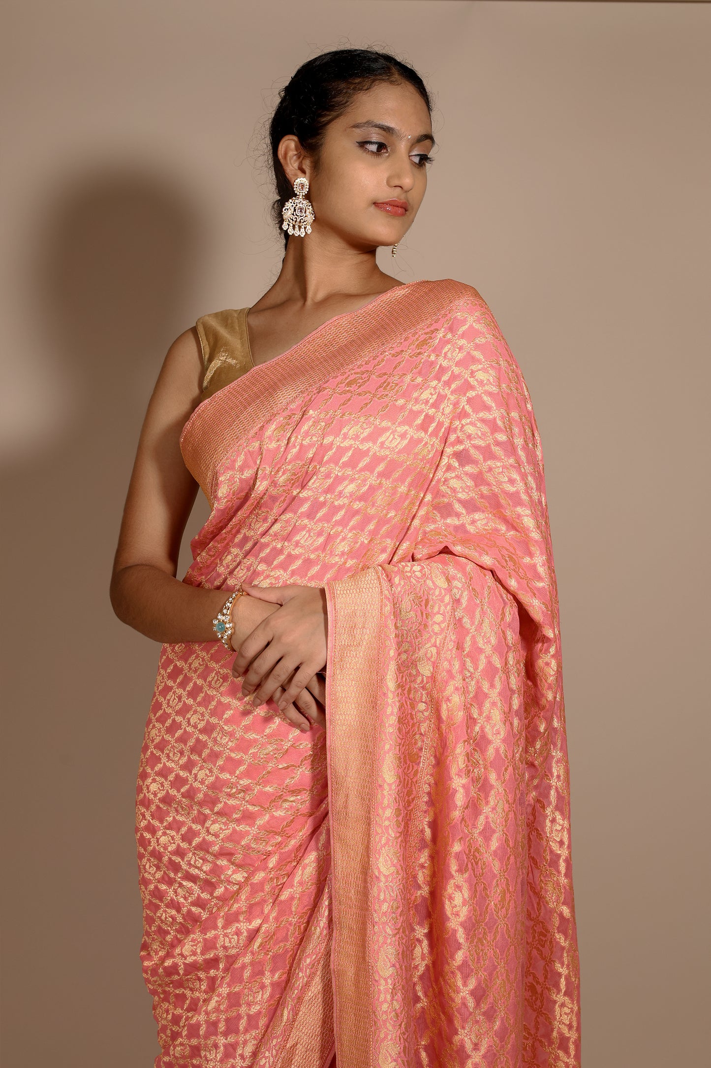 Peach-Pink Pure Georgette Banarasi Saree with Woven Zaal