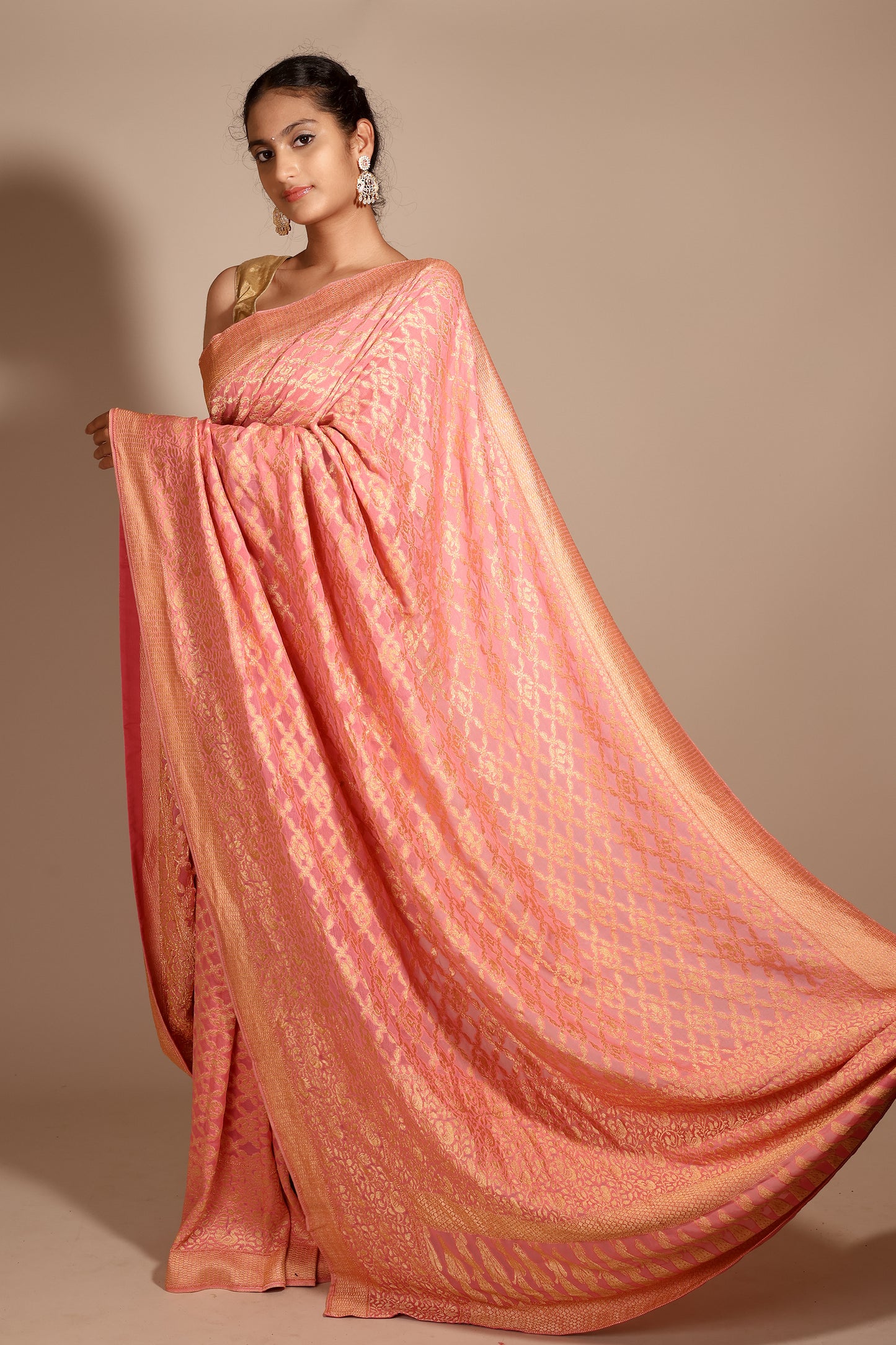 Peach-Pink Pure Georgette Banarasi Saree with Woven Zaal