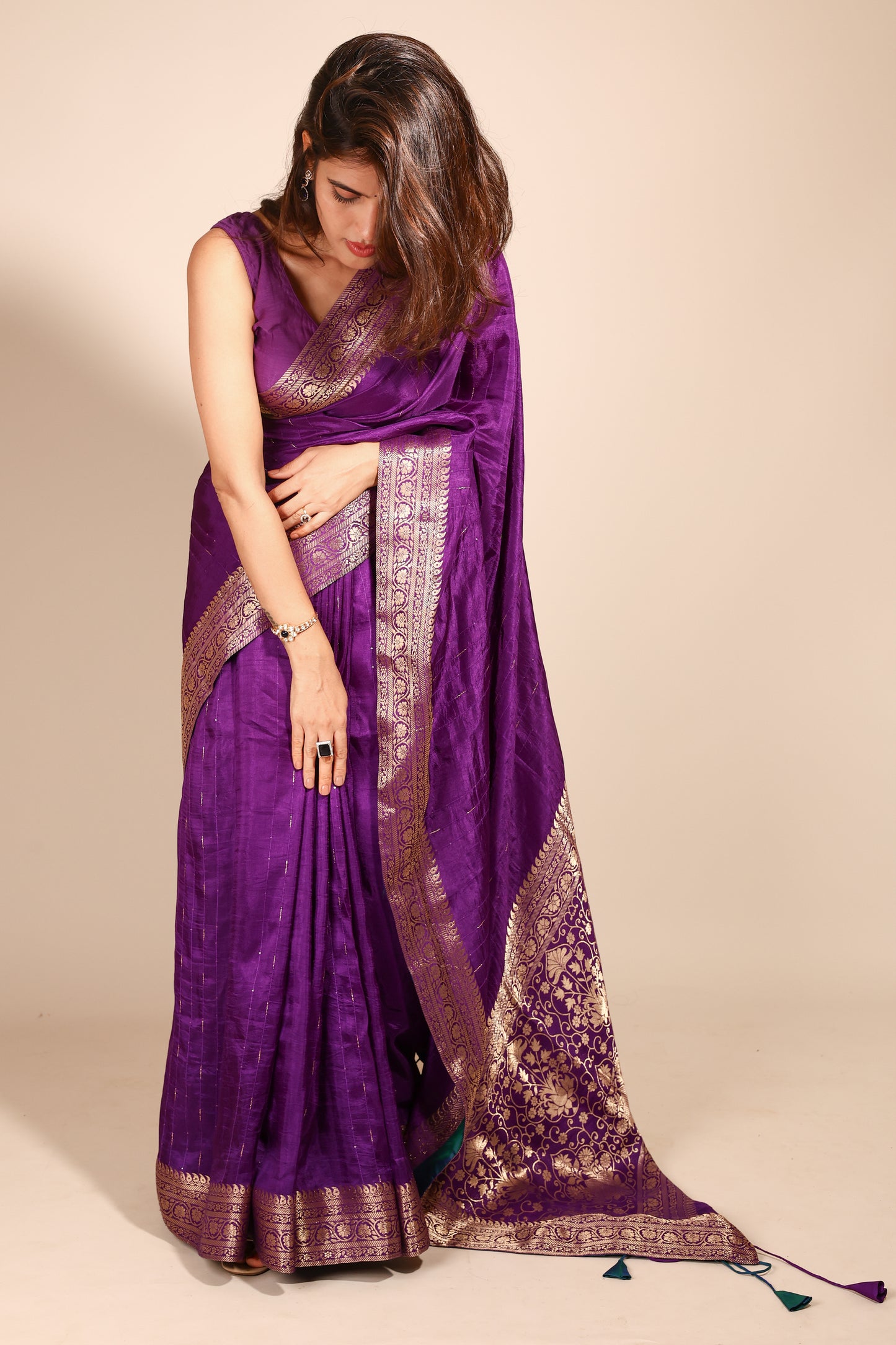 Purple Art Silk Saree with Woven Zari Border and Sequins