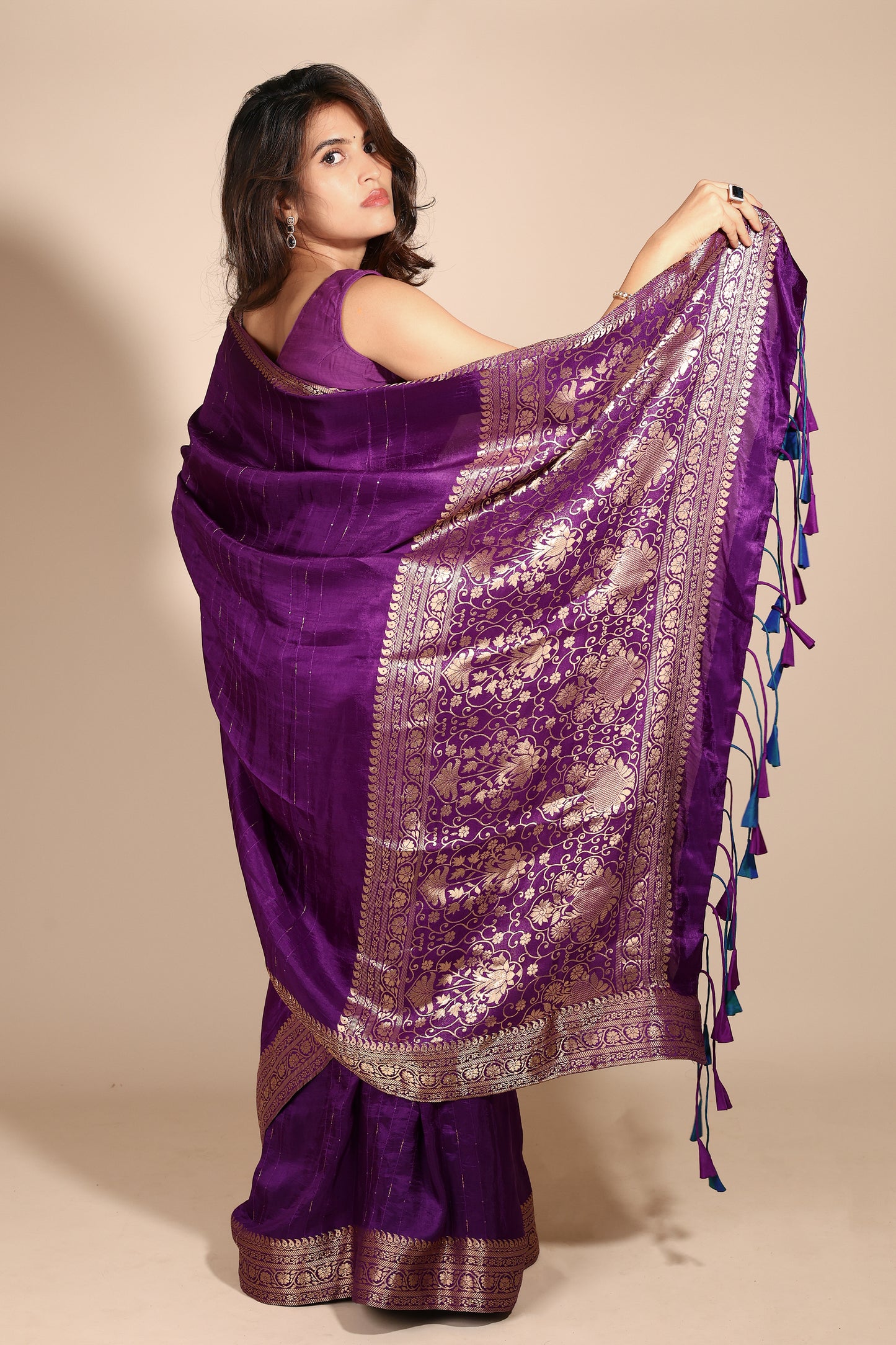 Purple Art Silk Saree with Woven Zari Border and Sequins