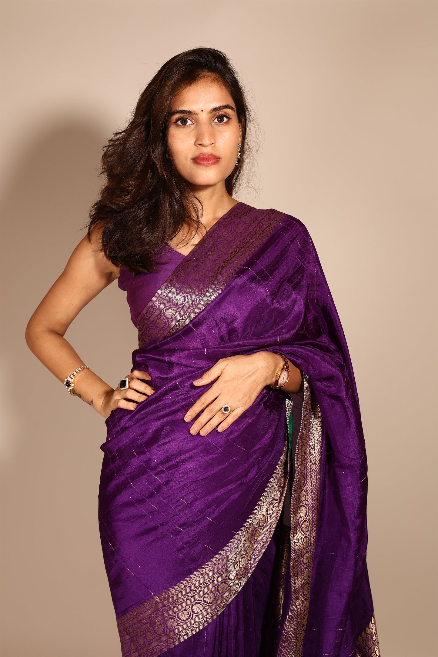 Purple Art Silk Saree with Woven Zari Border and Sequins