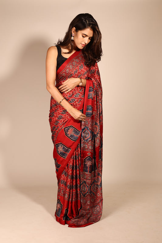 Elegant Red Modal Silk Saree with Ajrakh Print