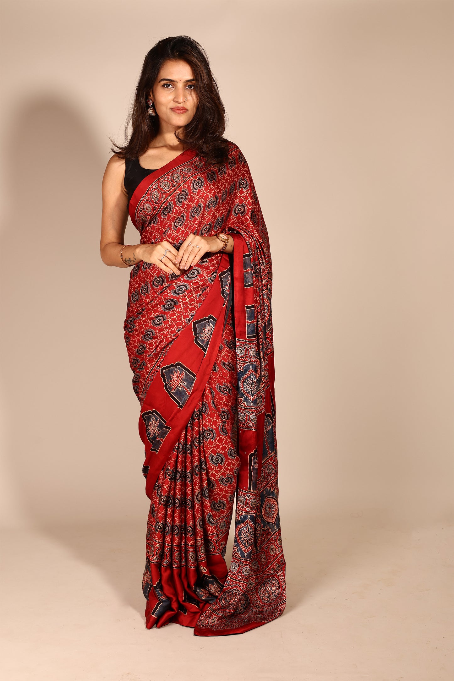 Elegant Red Modal Silk Saree with Ajrakh Print