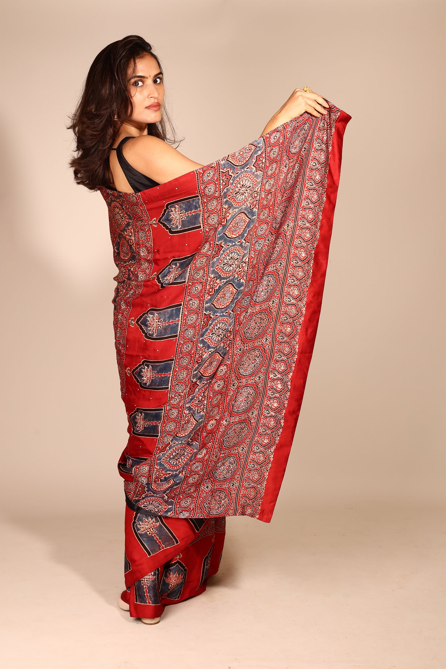 Elegant Red Modal Silk Saree with Ajrakh Print