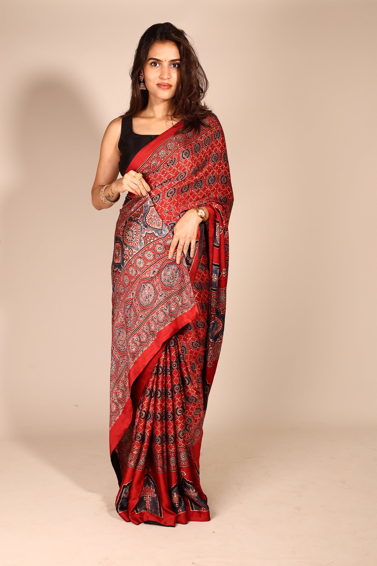 Elegant Red Modal Silk Saree with Ajrakh Print