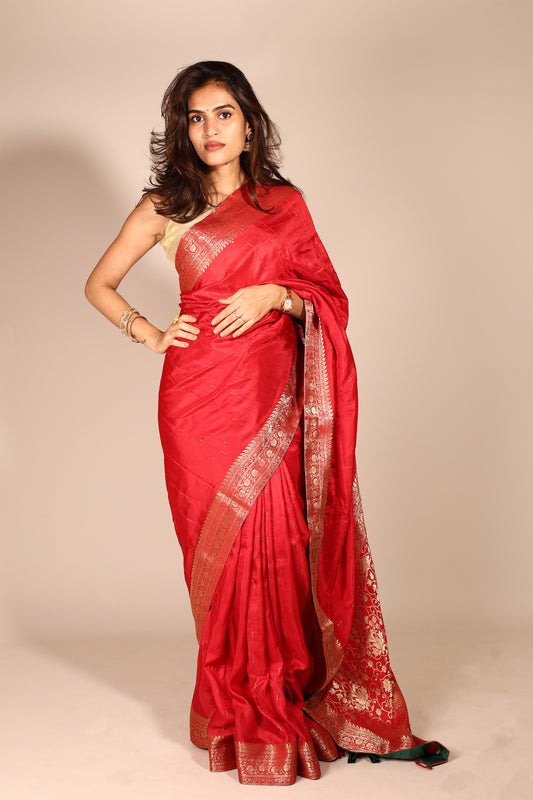 Stunning Red Art Silk Saree with Woven Zari Border and Sequins