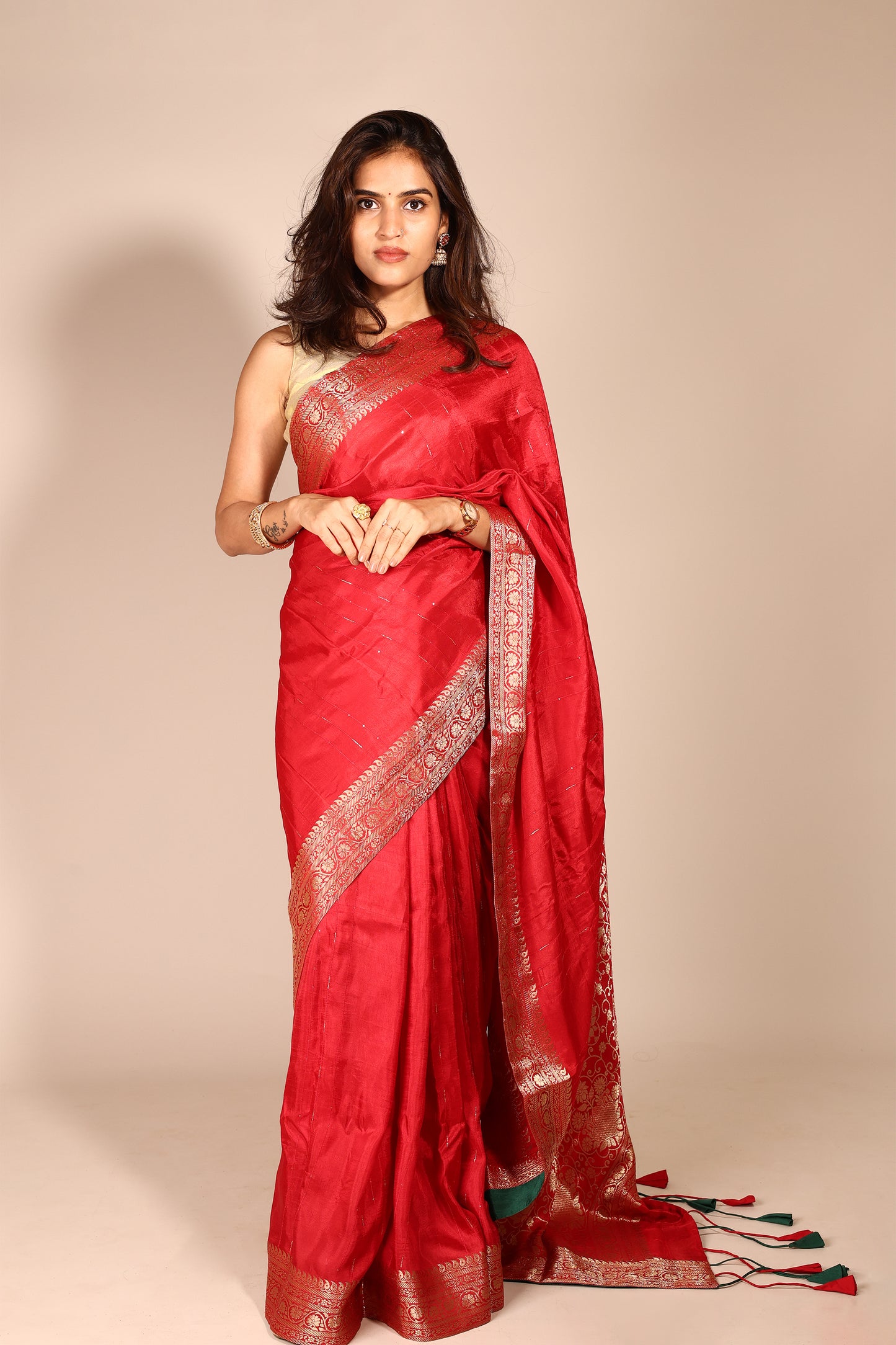 Stunning Red Art Silk Saree with Woven Zari Border and Sequins