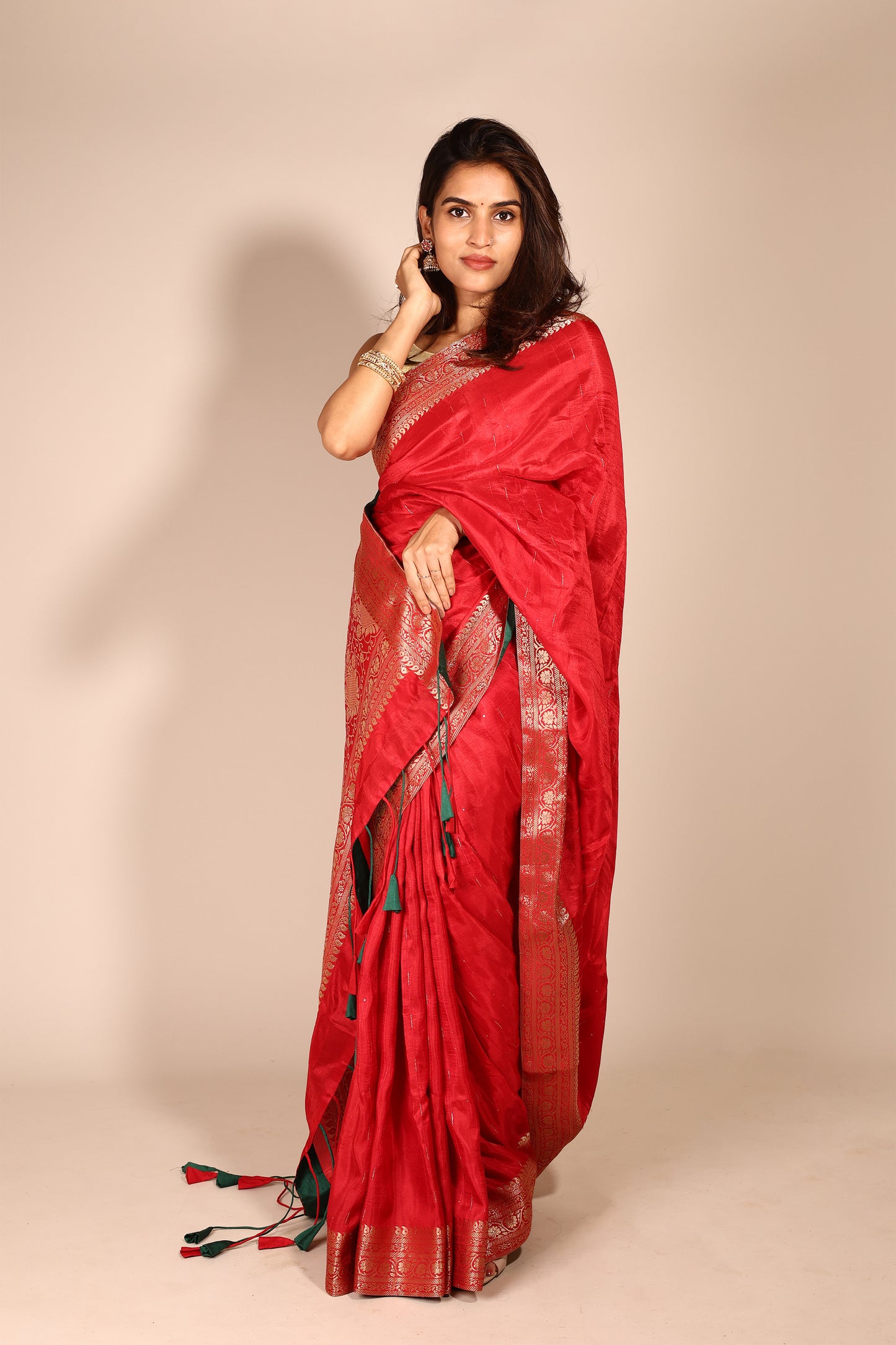 Stunning Red Art Silk Saree with Woven Zari Border and Sequins