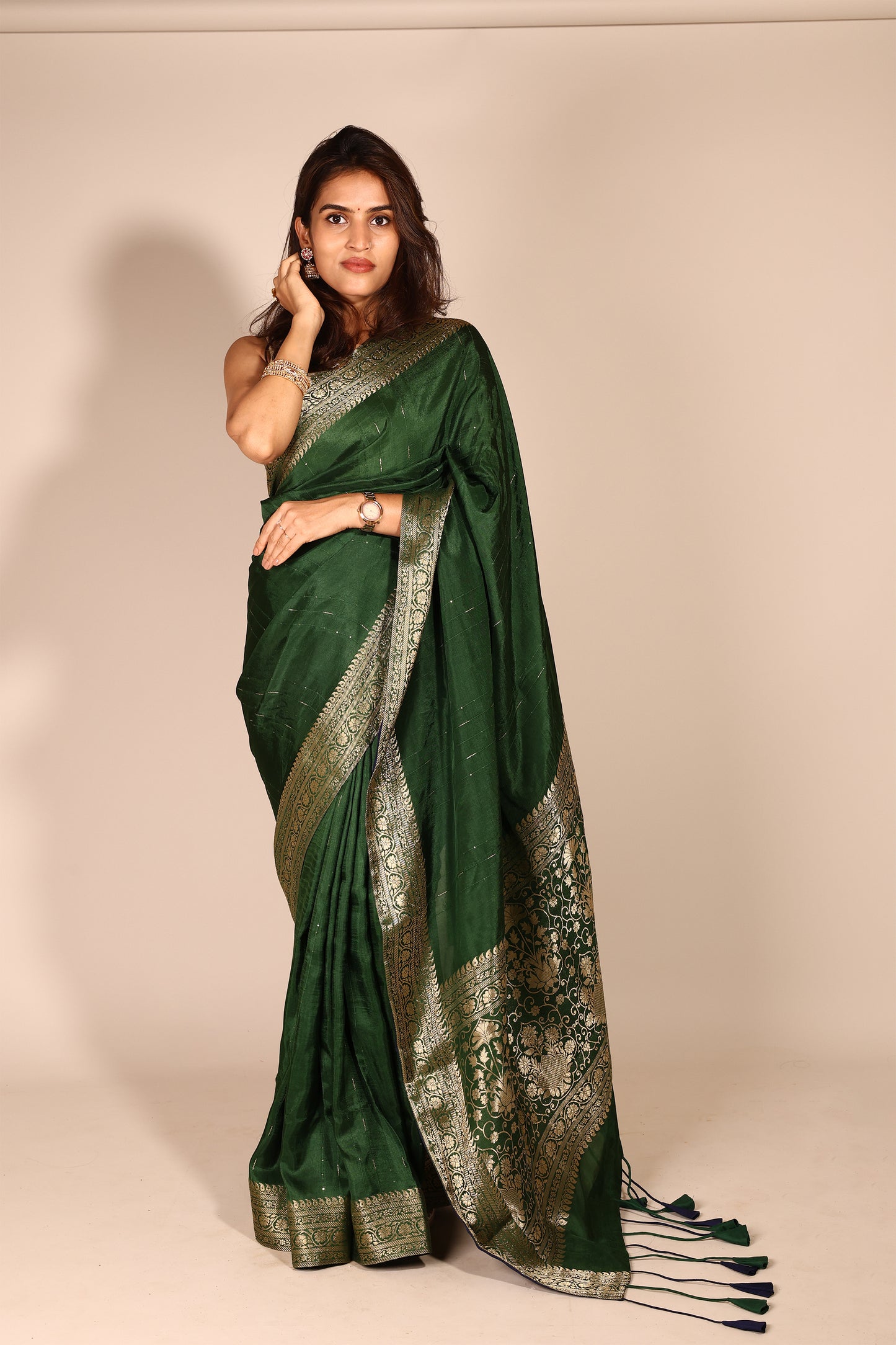 Green Art Silk Saree with Woven Zari Border and Sequins