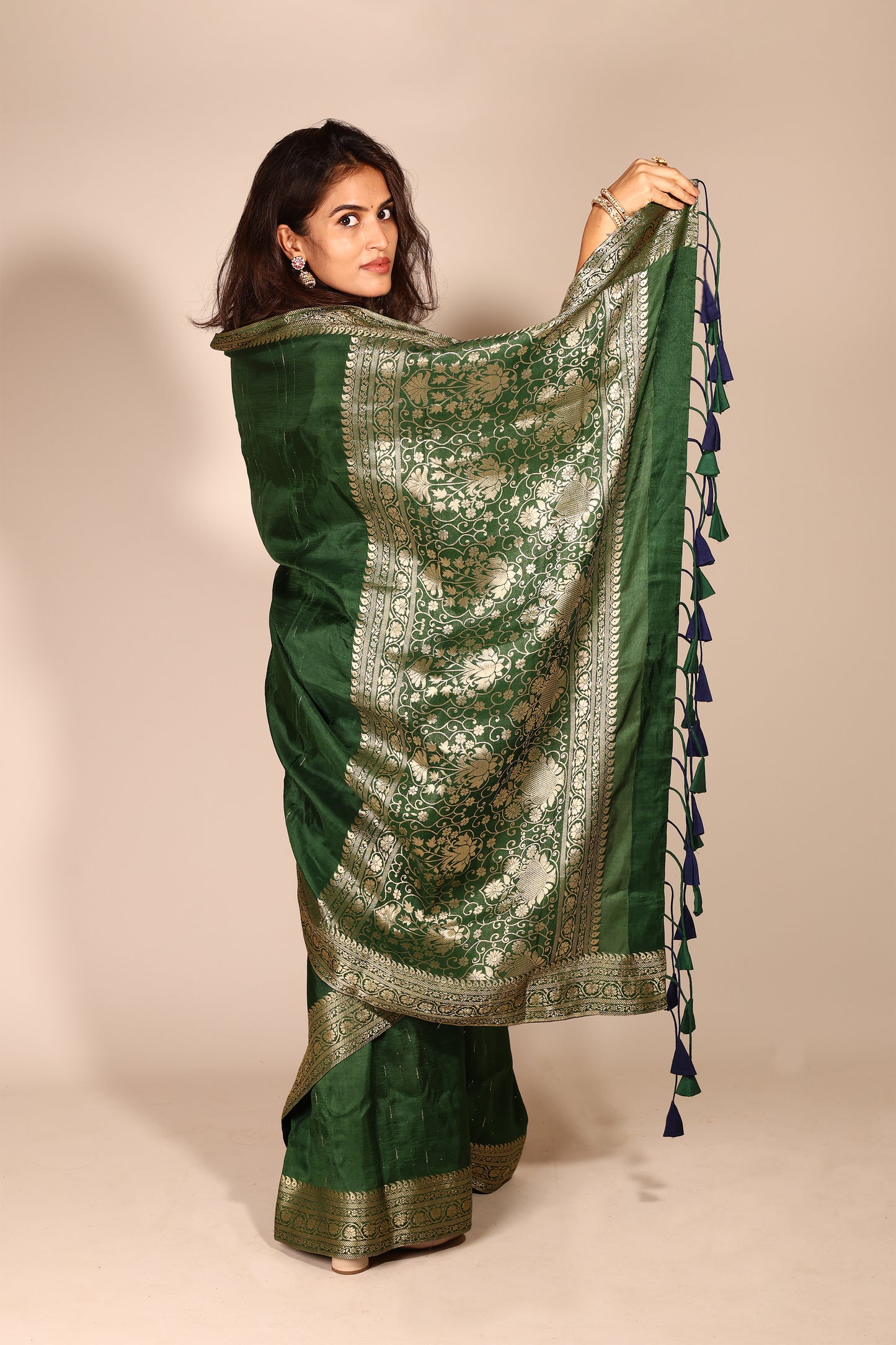 Green Art Silk Saree with Woven Zari Border and Sequins