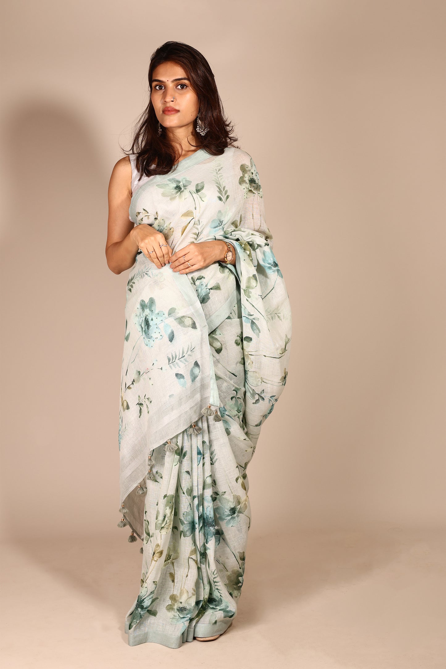 Charming Light Green Pure Linen Saree with Handcrafted Flower Print and Beadwork