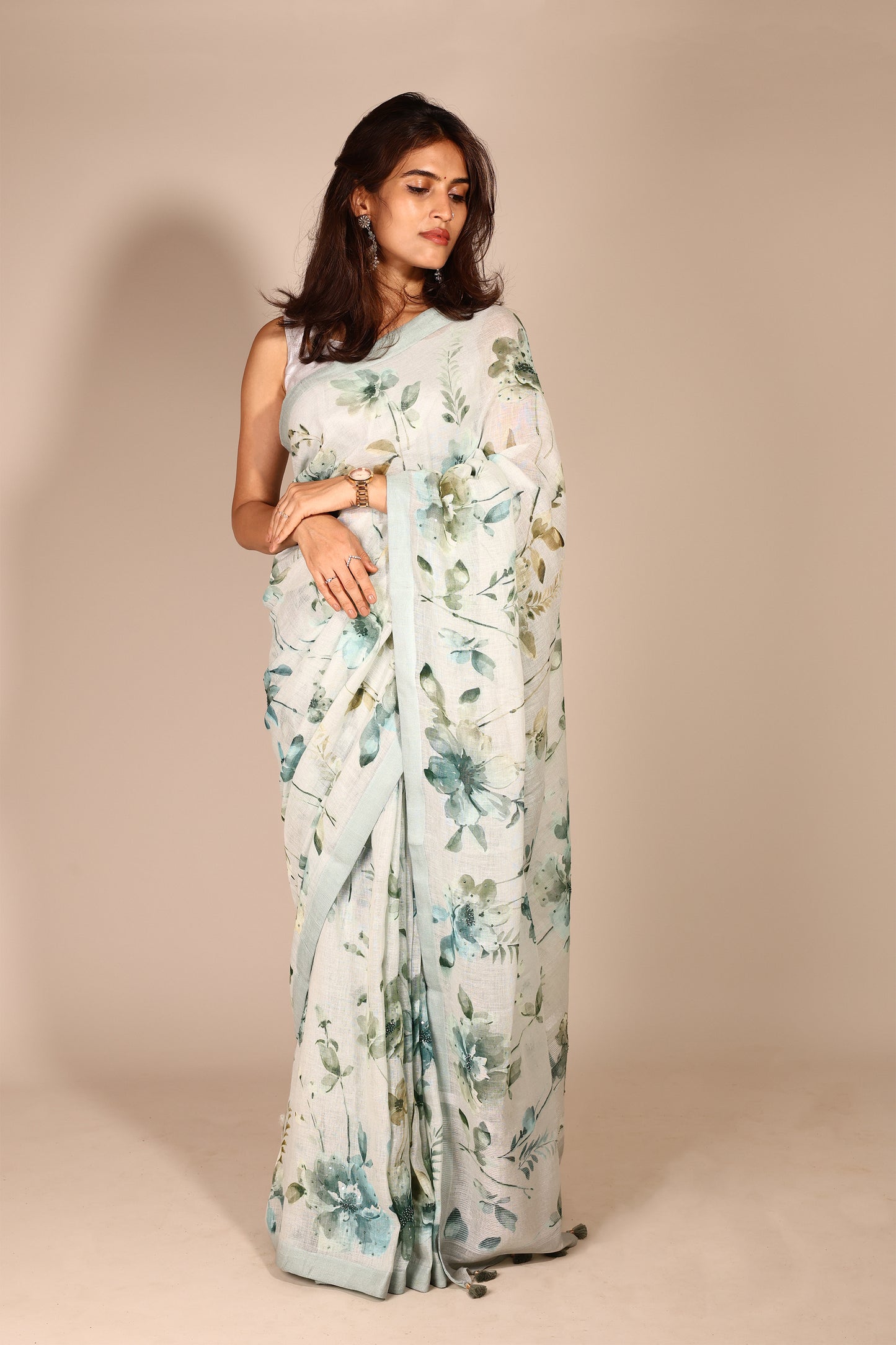 Charming Light Green Pure Linen Saree with Handcrafted Flower Print and Beadwork