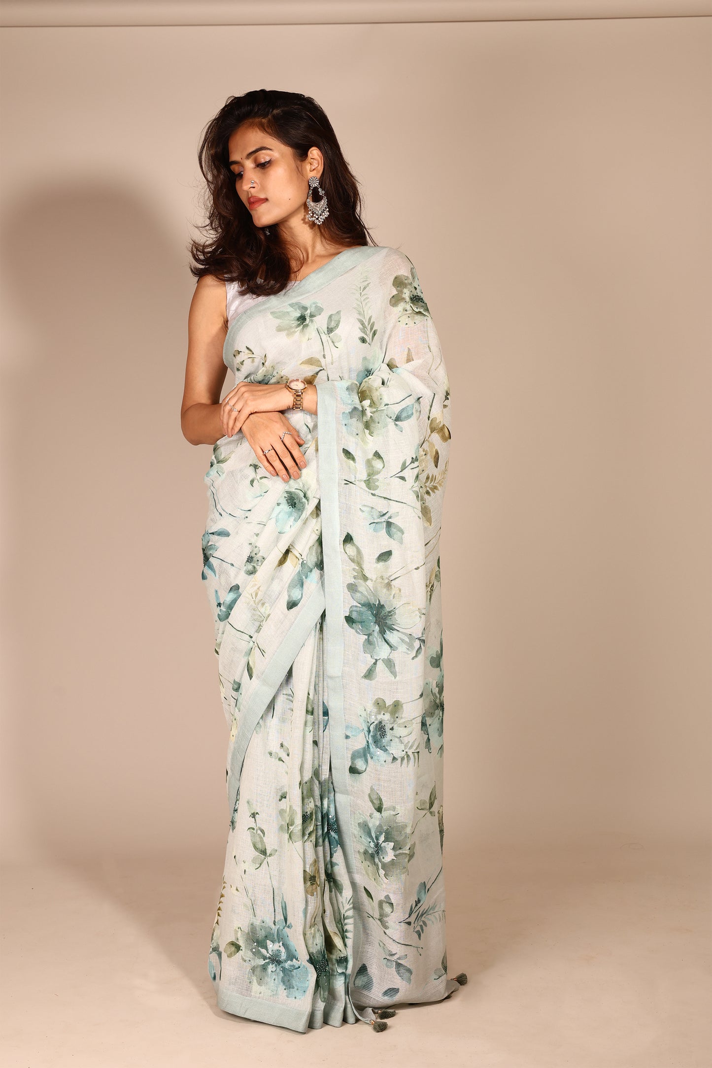 Charming Light Green Pure Linen Saree with Handcrafted Flower Print and Beadwork