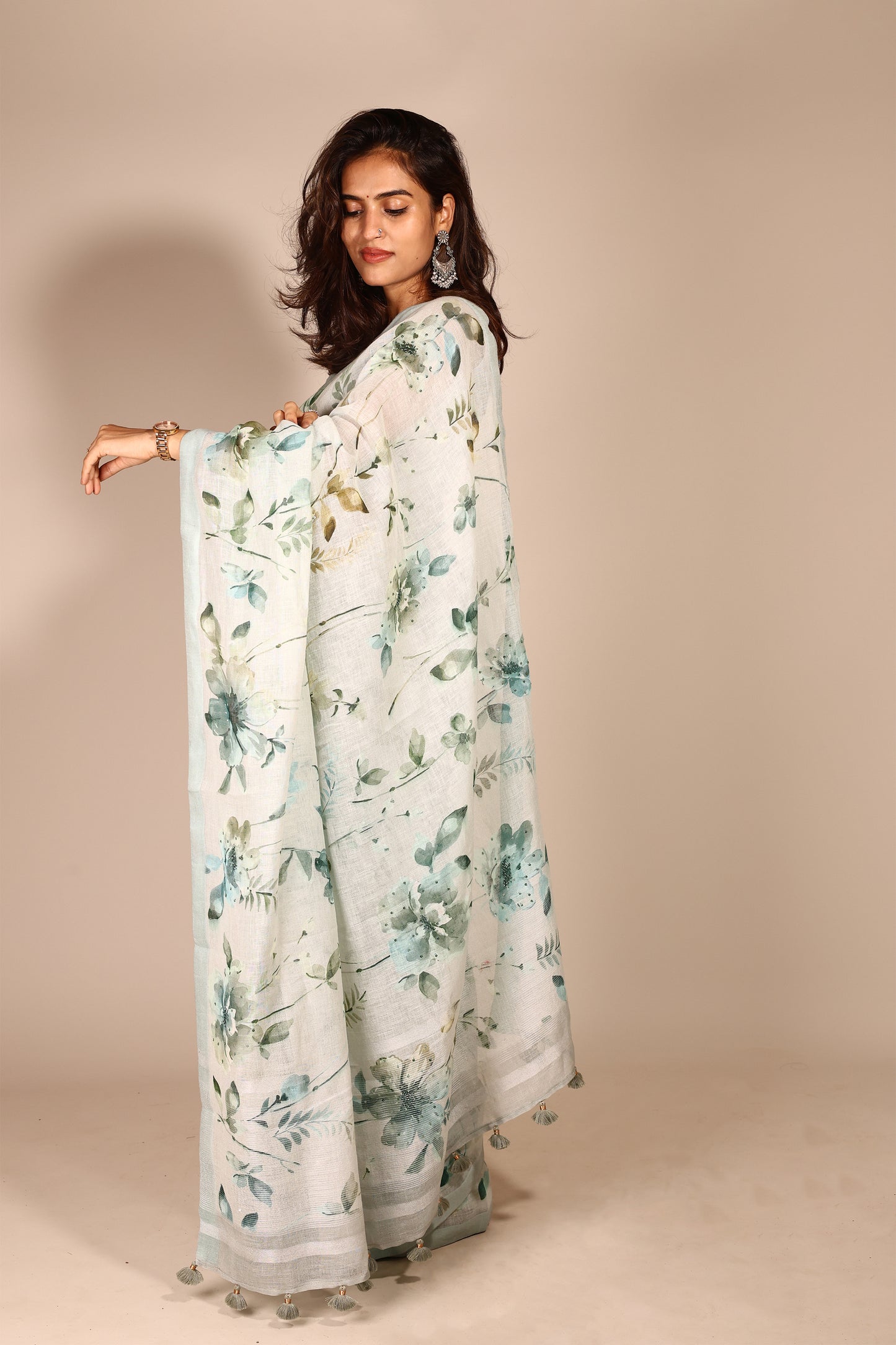 Charming Light Green Pure Linen Saree with Handcrafted Flower Print and Beadwork