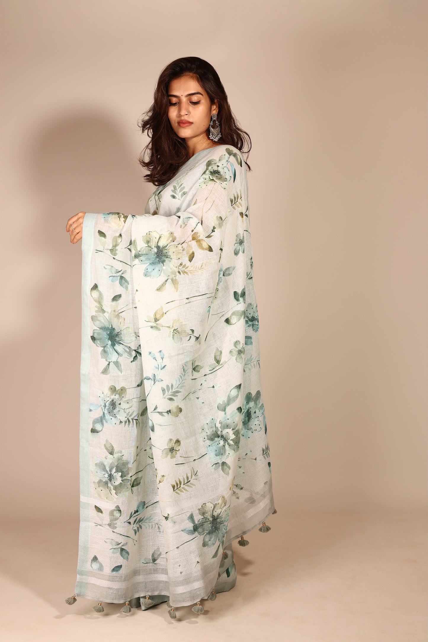 Charming Light Green Pure Linen Saree with Handcrafted Flower Print and Beadwork