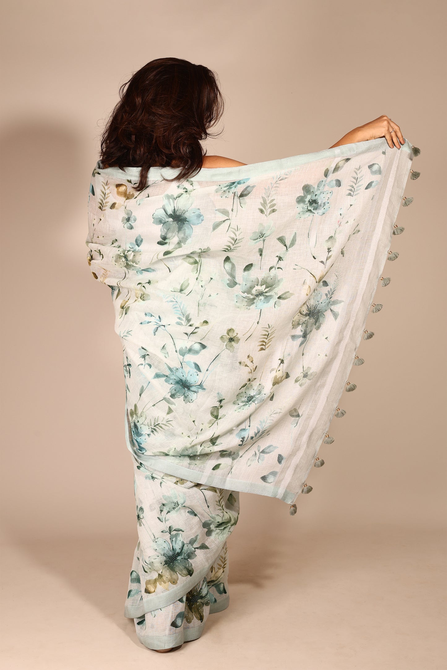 Charming Light Green Pure Linen Saree with Handcrafted Flower Print and Beadwork