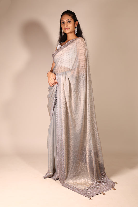 Elegant Grey Shimmery Georgette Saree with Swaroski Stone Work and Blouse Piece