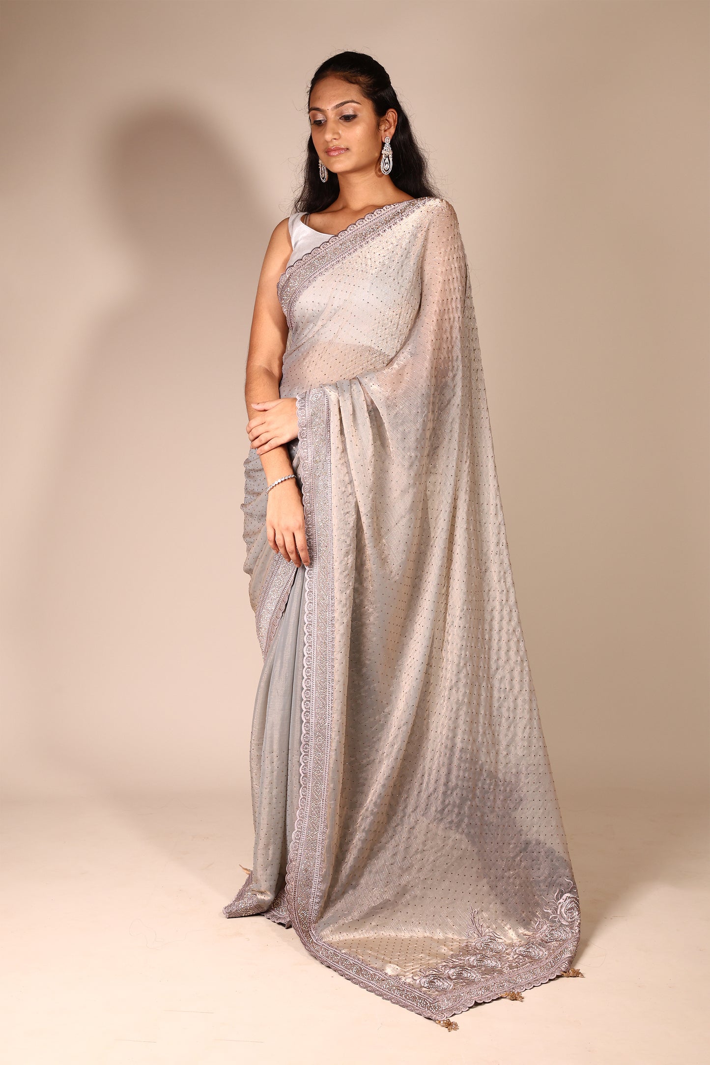 Elegant Grey Shimmery Georgette Saree with Swaroski Stone Work and Blouse Piece