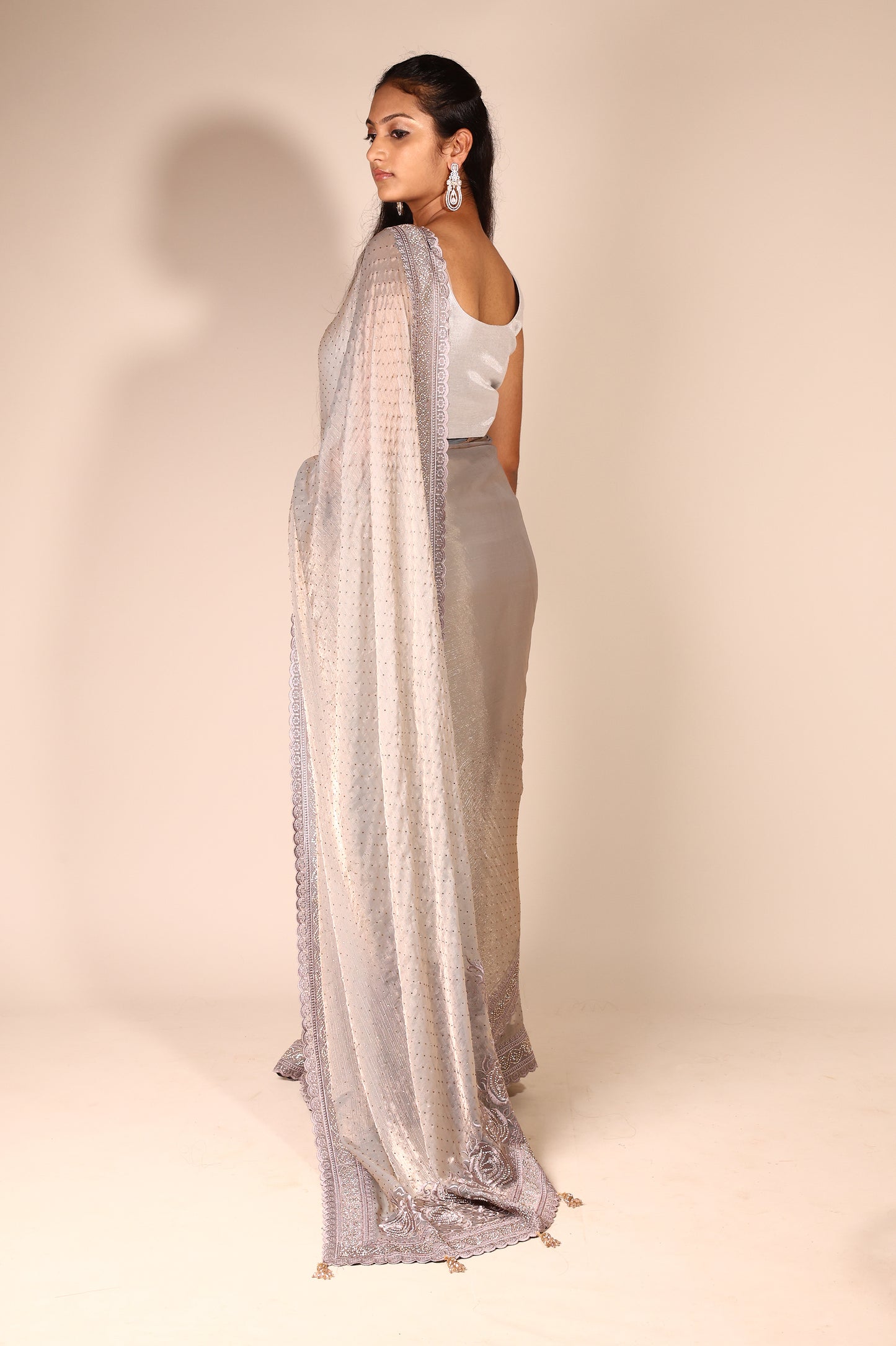 Elegant Grey Shimmery Georgette Saree with Swaroski Stone Work and Blouse Piece