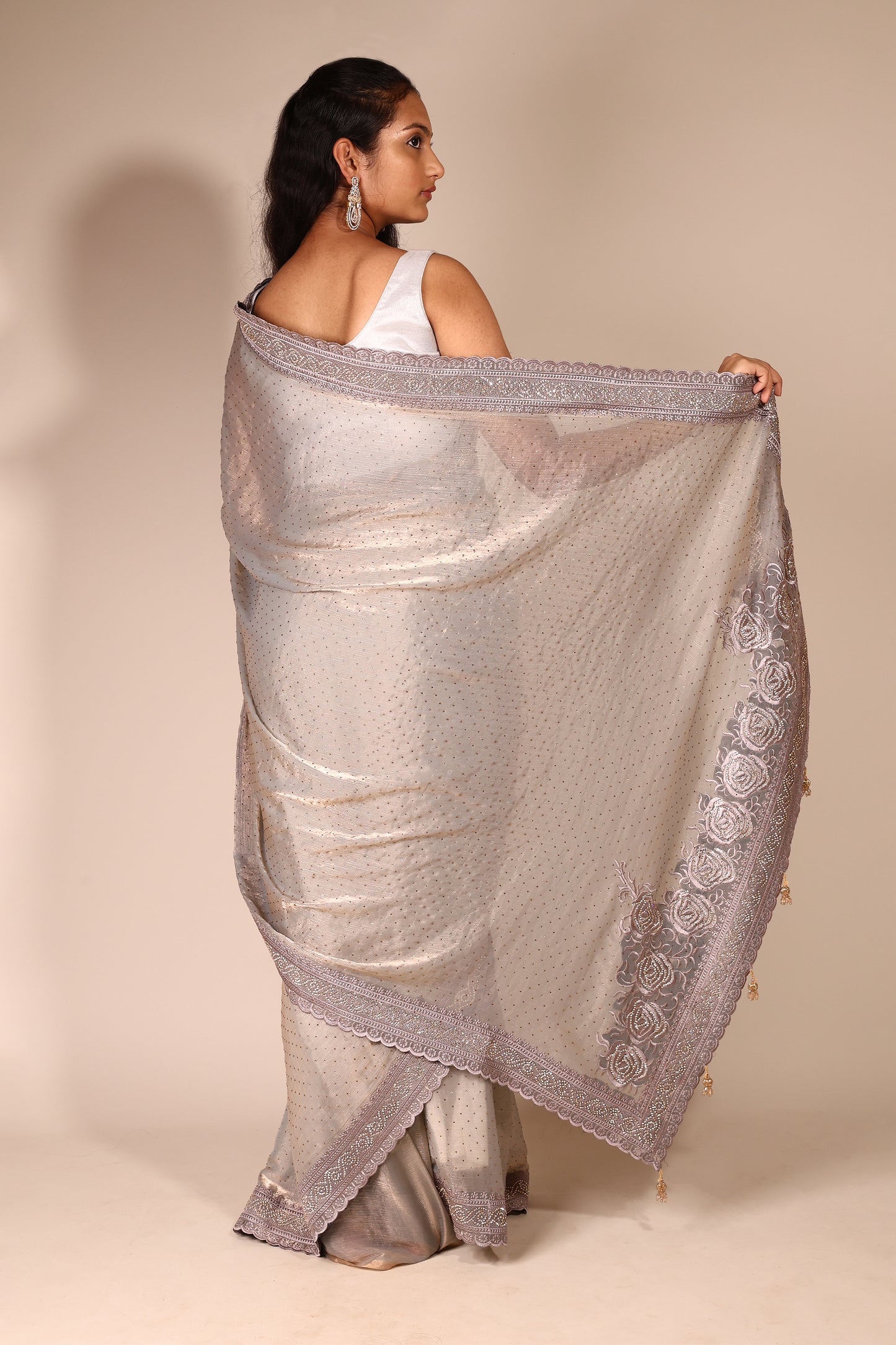 Elegant Grey Shimmery Georgette Saree with Swaroski Stone Work and Blouse Piece