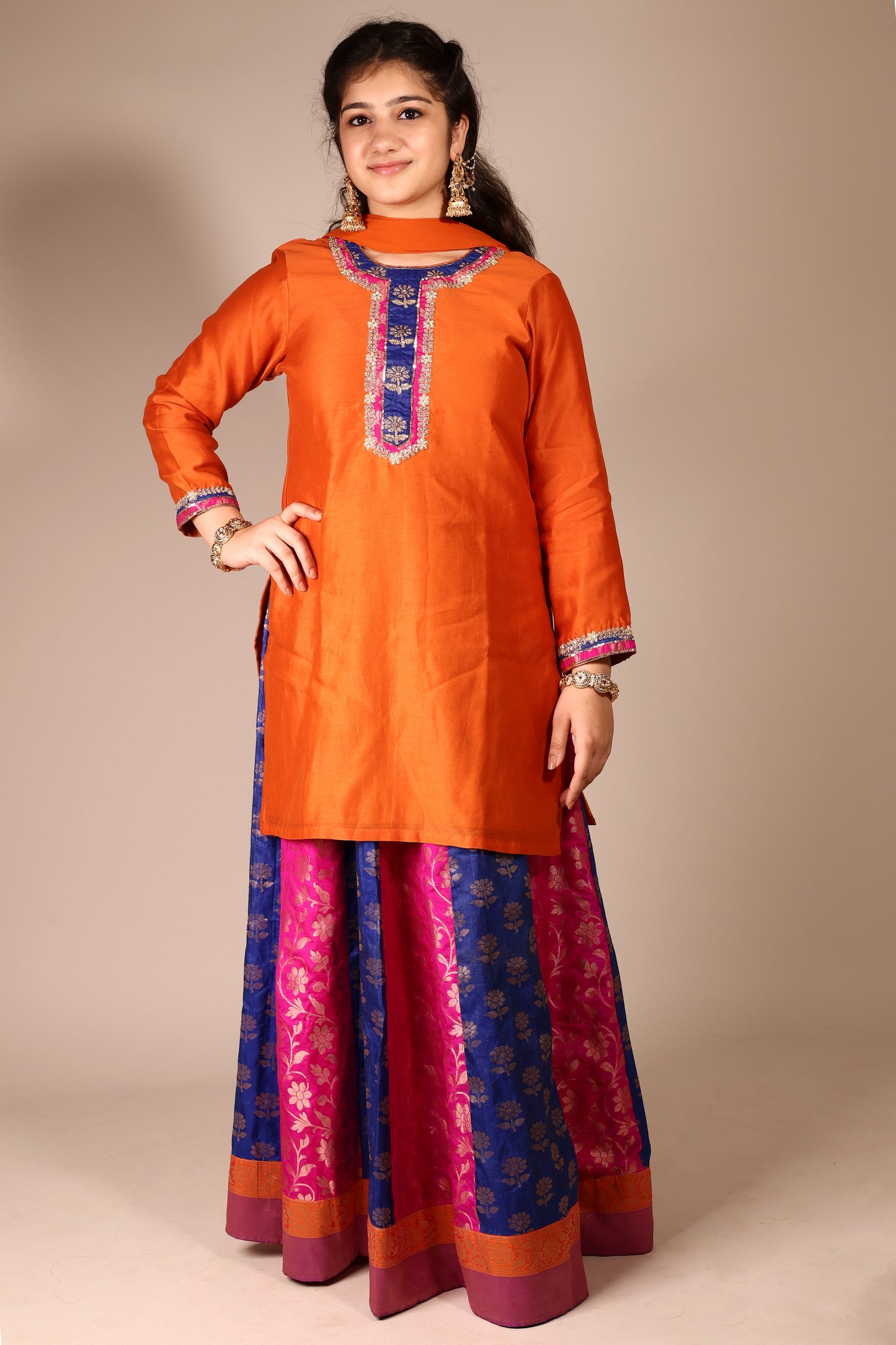 Rust Long Top with Blue and Pink Brocade Skirt Lehenga Set