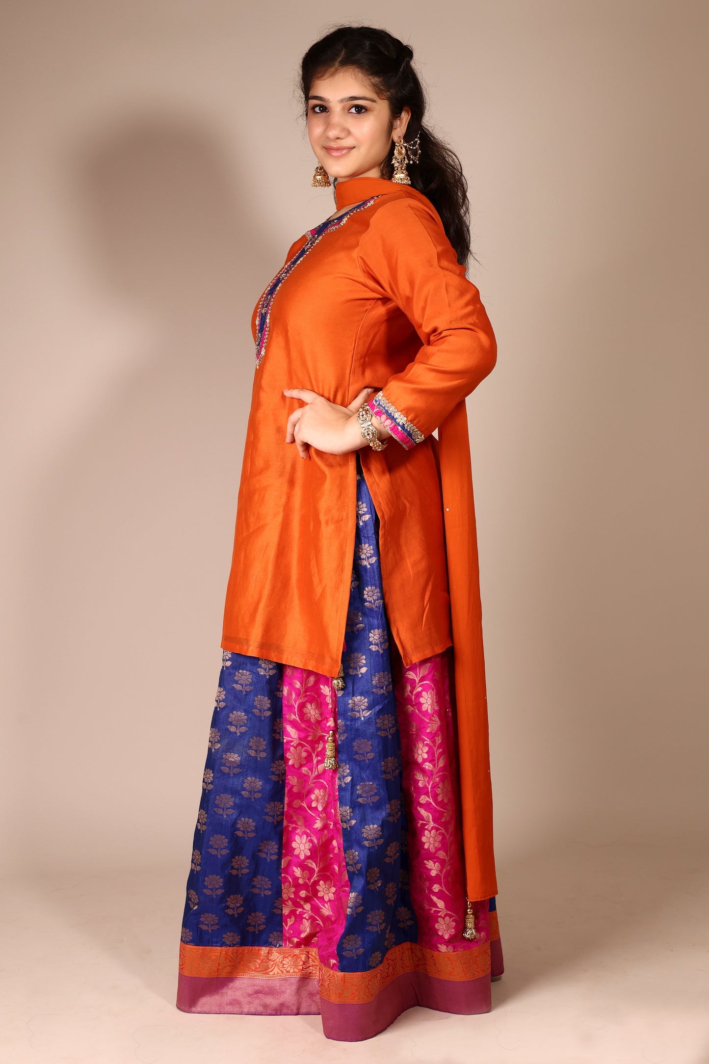 Rust Long Top with Blue and Pink Brocade Skirt Lehenga Set