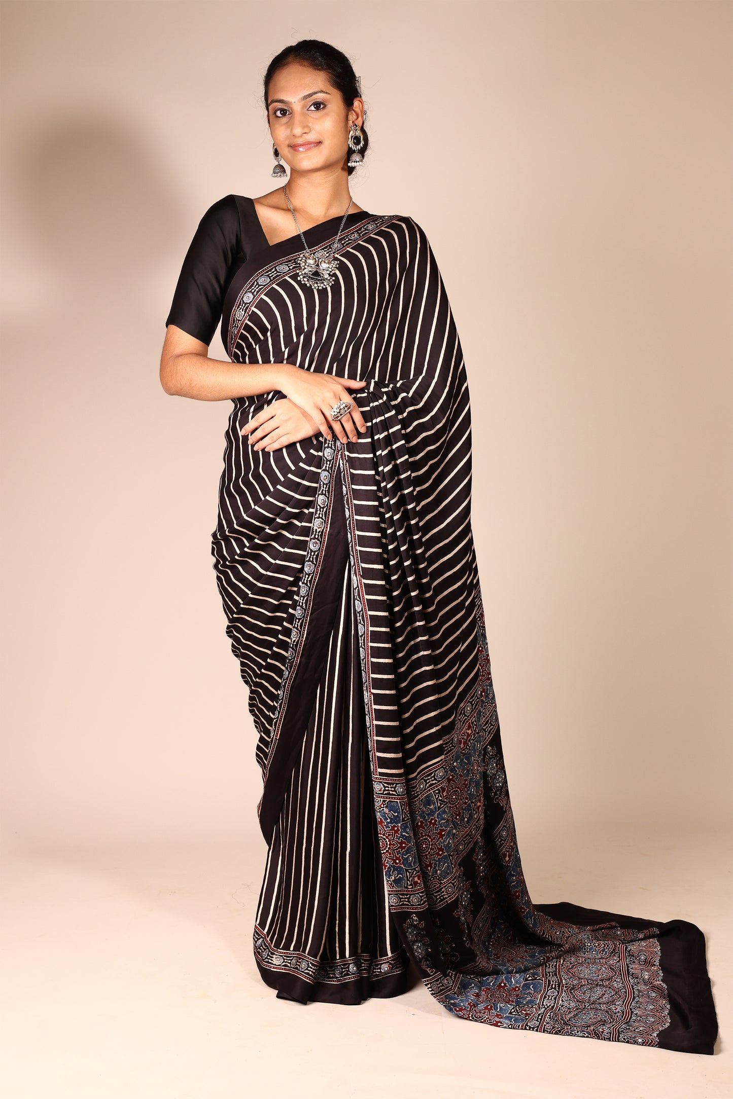 Ajrakh Saree with stripe print