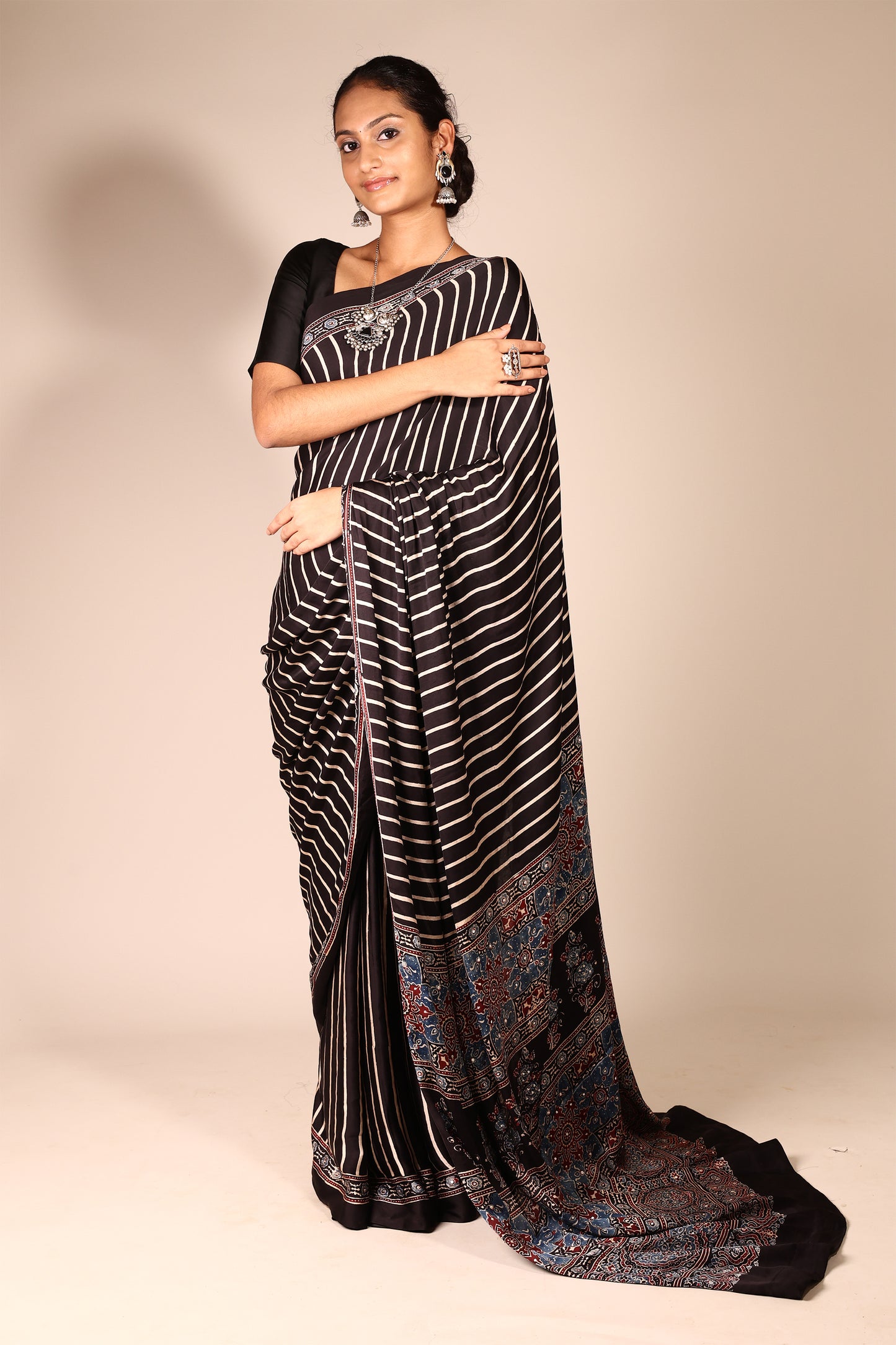 Ajrakh Saree with stripe print