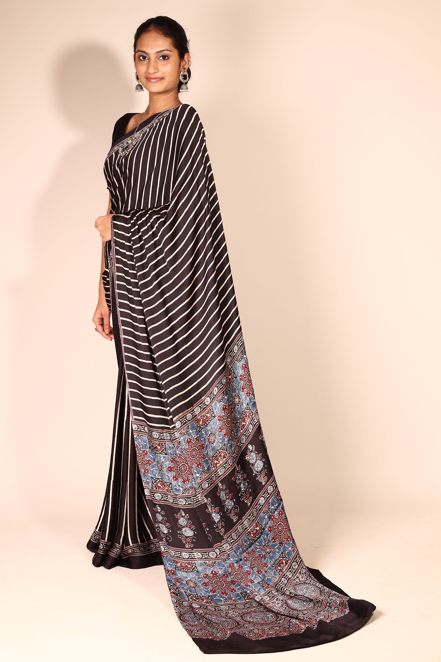 Ajrakh Saree with stripe print