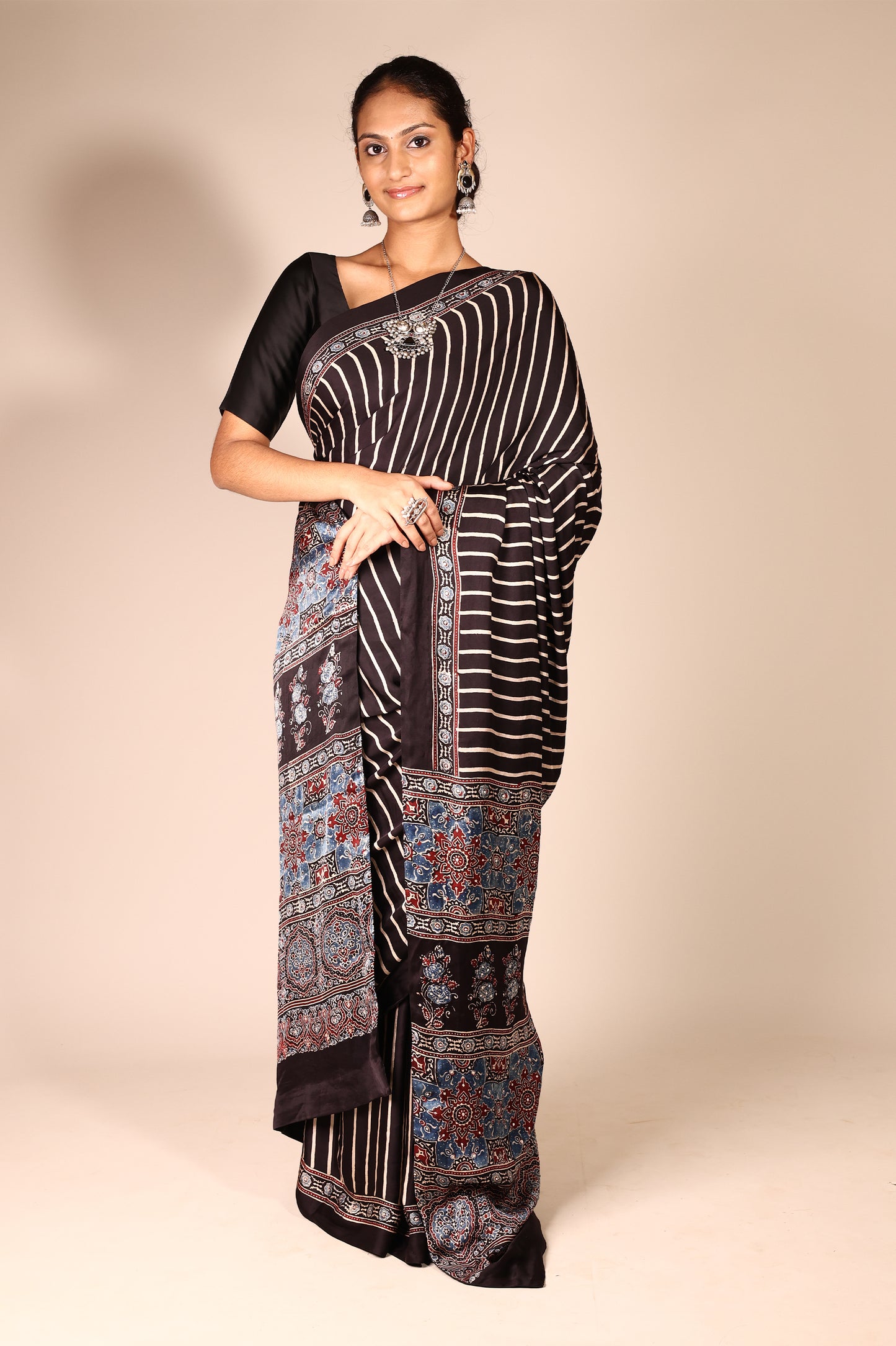 Ajrakh Saree with stripe print