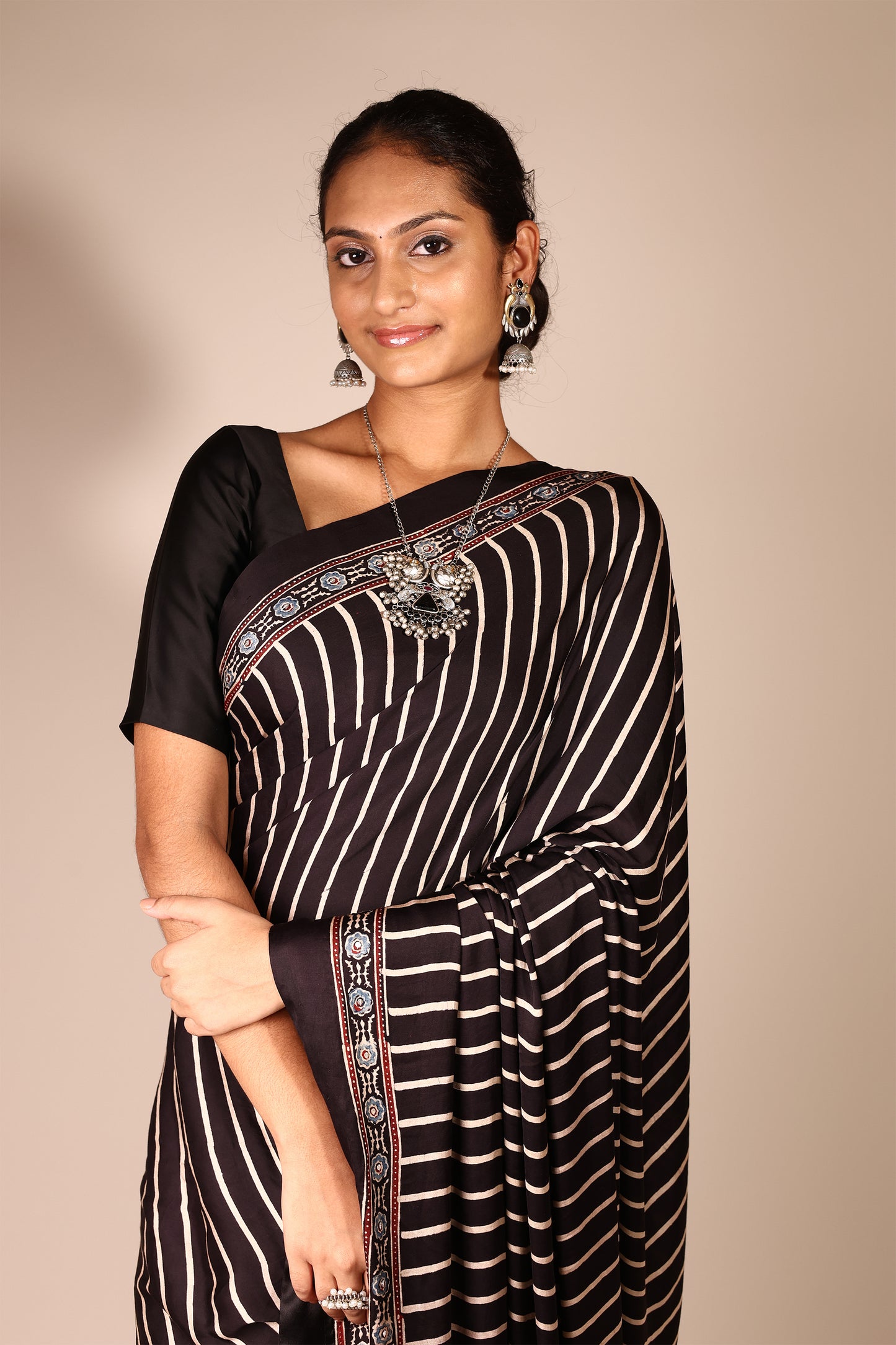 Ajrakh Saree with stripe print