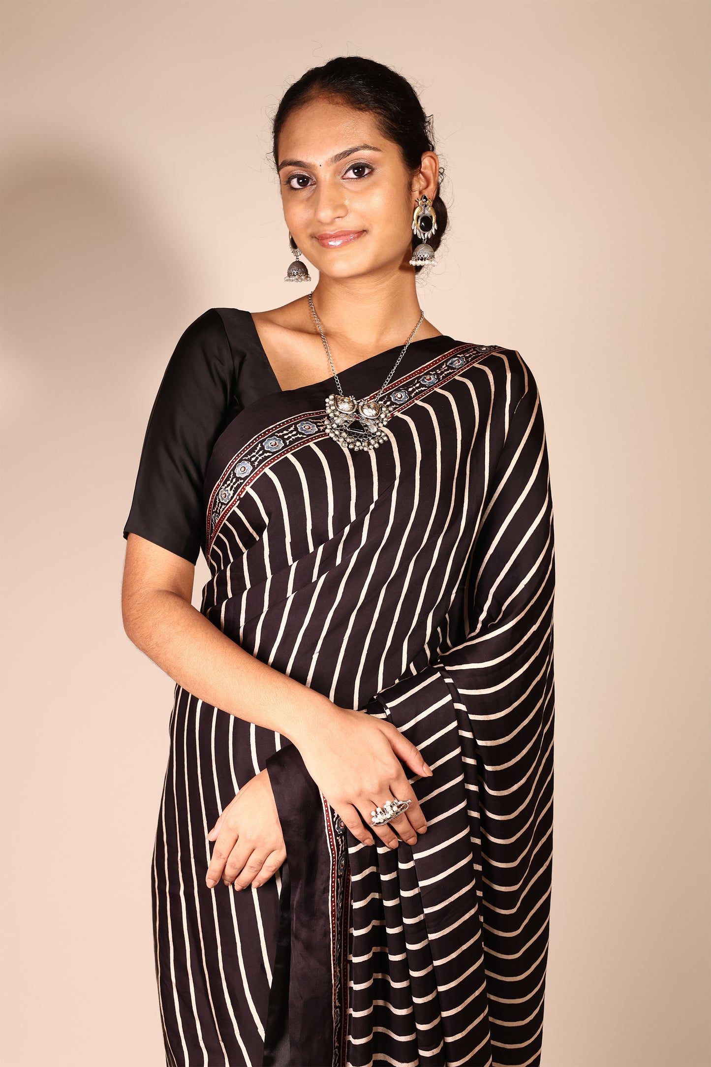 Ajrakh Saree with stripe print