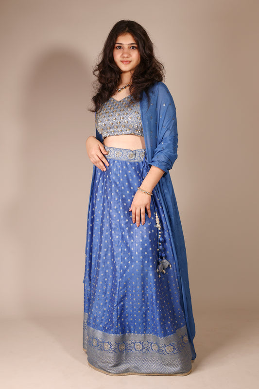 Dark Sky Blue Lehenga with Silver Sequins and Cut Dana Work