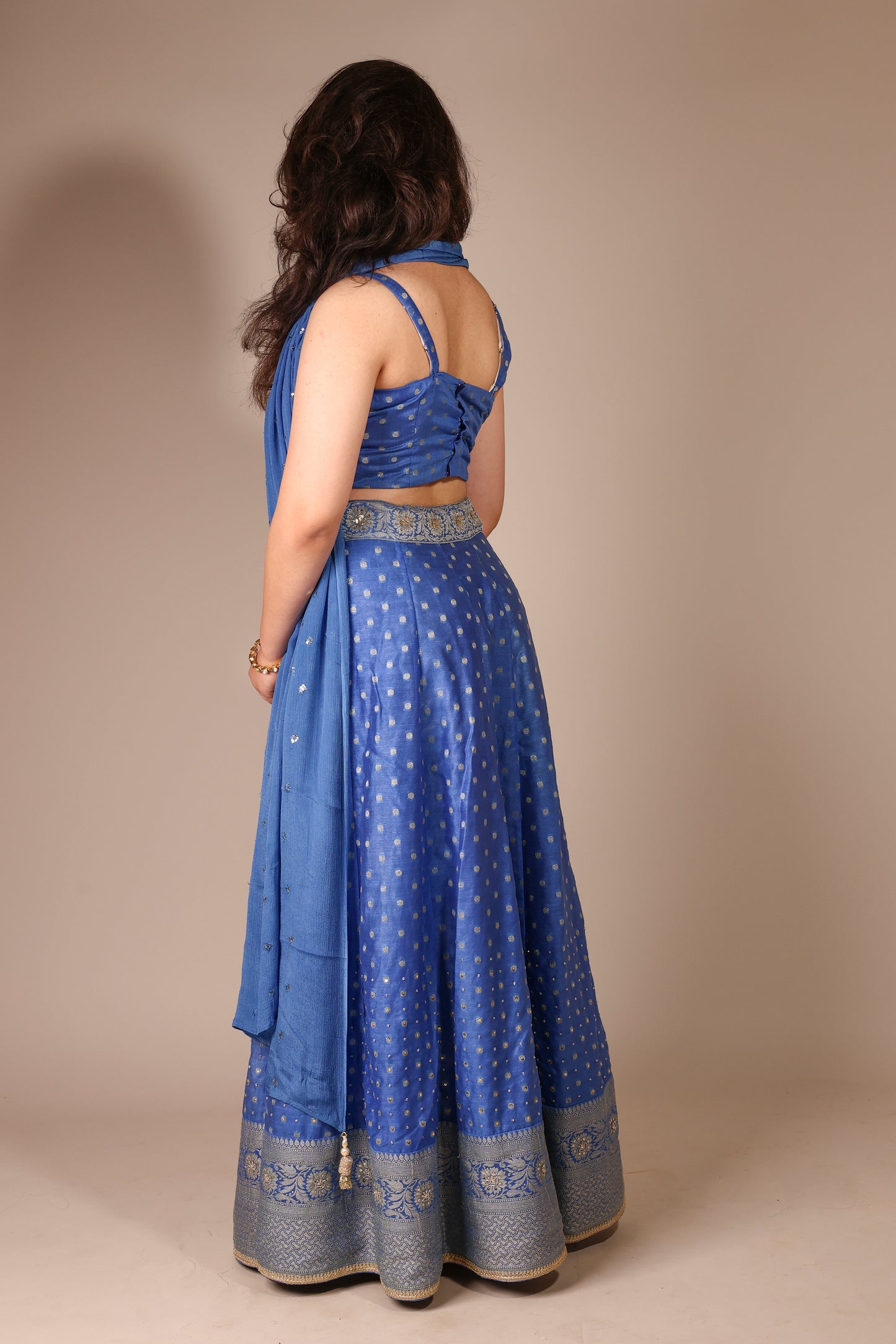 Dark Sky Blue Lehenga with Silver Sequins and Cut Dana Work