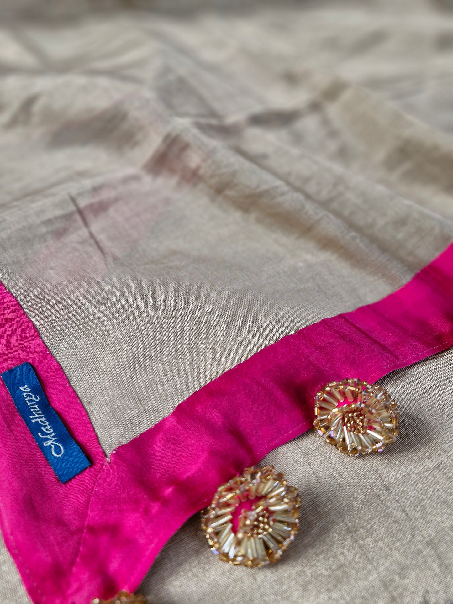 Gold Tissue Chanderi Saree with Fuchsia Satin Finishing